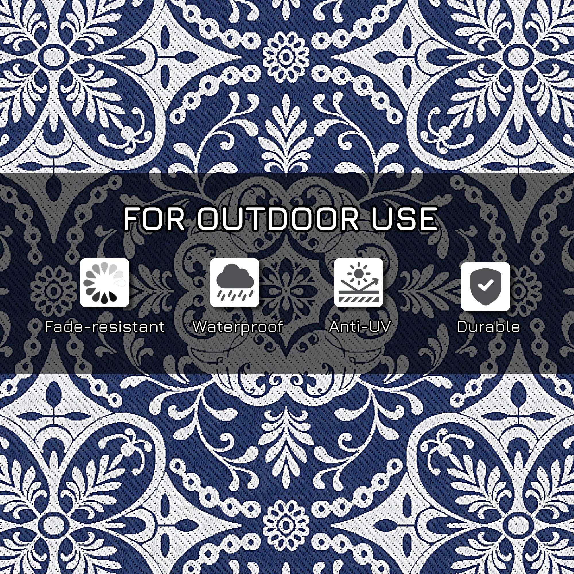 9' x 18' Reversible Outdoor Rug, Blue & White Floral - Image 8