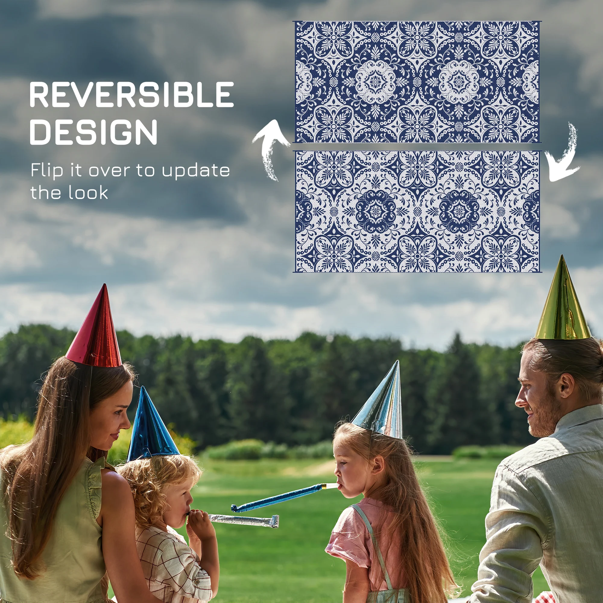 9' x 18' Reversible Outdoor Rug, Blue & White Floral - Image 9