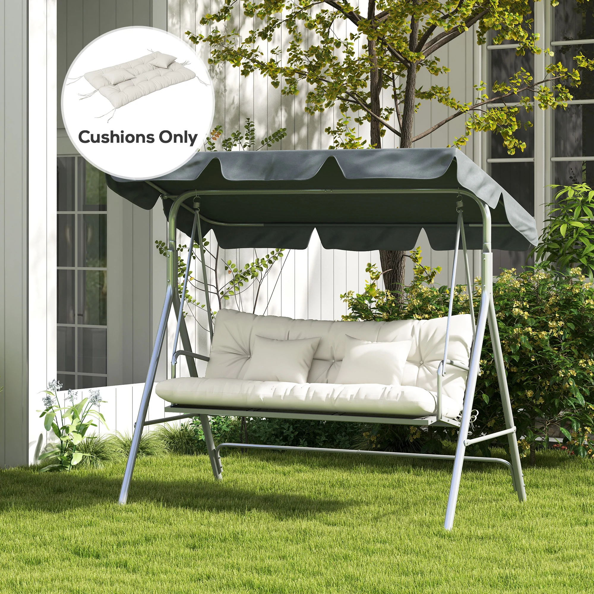 Back and Seat Cushion Replacement w/ 2 Pillows for 3-Seater Chair, Swing, Sofa, White - Image 4