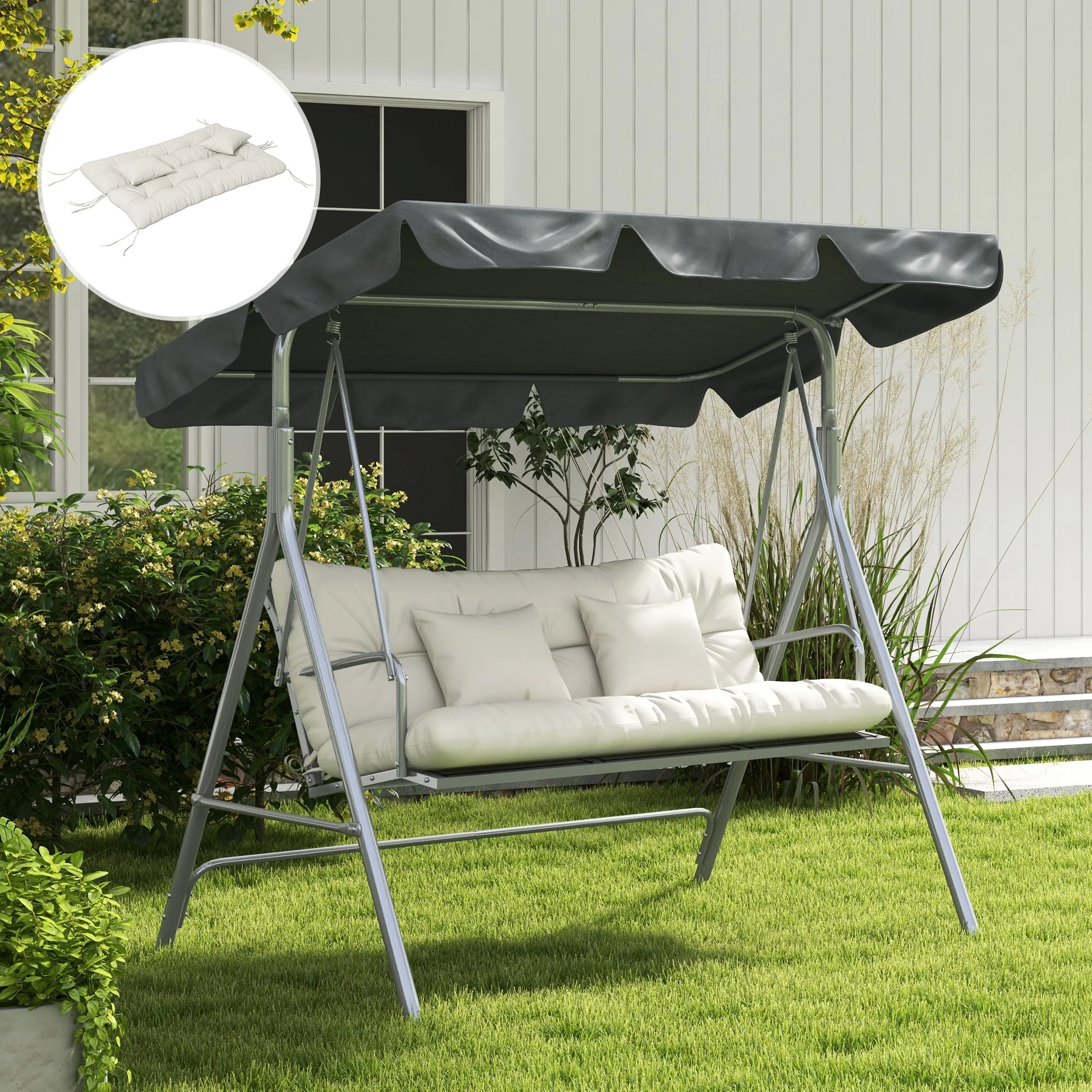 Back and Seat Cushion Replacement w/ 2 Pillows for 3-Seater Chair, Swing, Sofa, White - Image 9