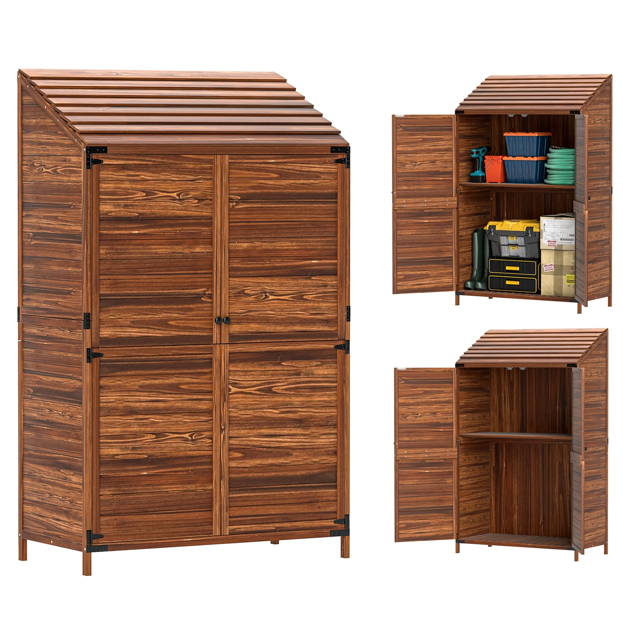 5.7ft Tall Lean-to Wooden Outdoor Storage Cabinet with Double Doors and Shelves, Mixed-Brown