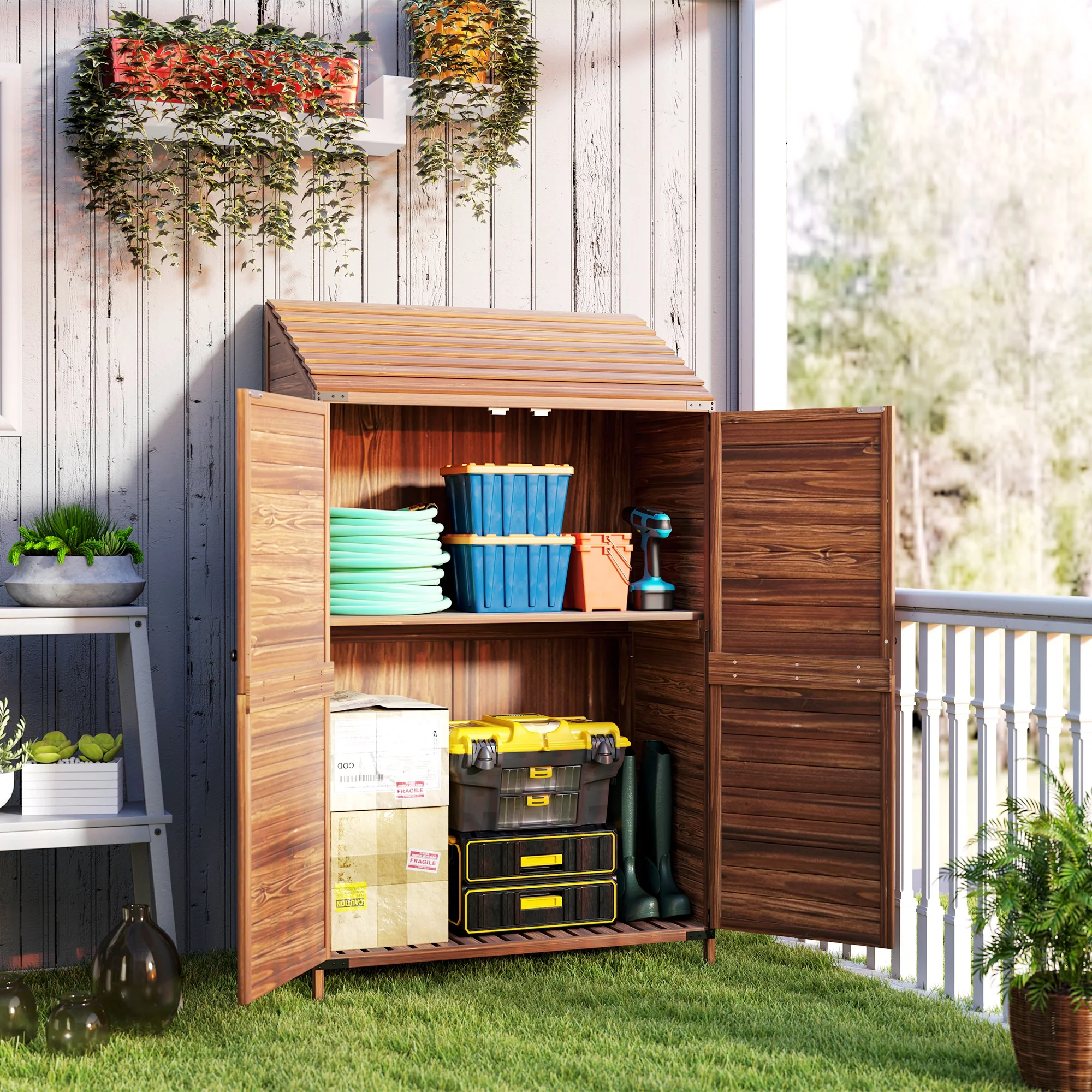 5.7ft Tall Lean-to Wooden Outdoor Storage Cabinet with Double Doors and Shelves, Mixed-Brown - Image 10
