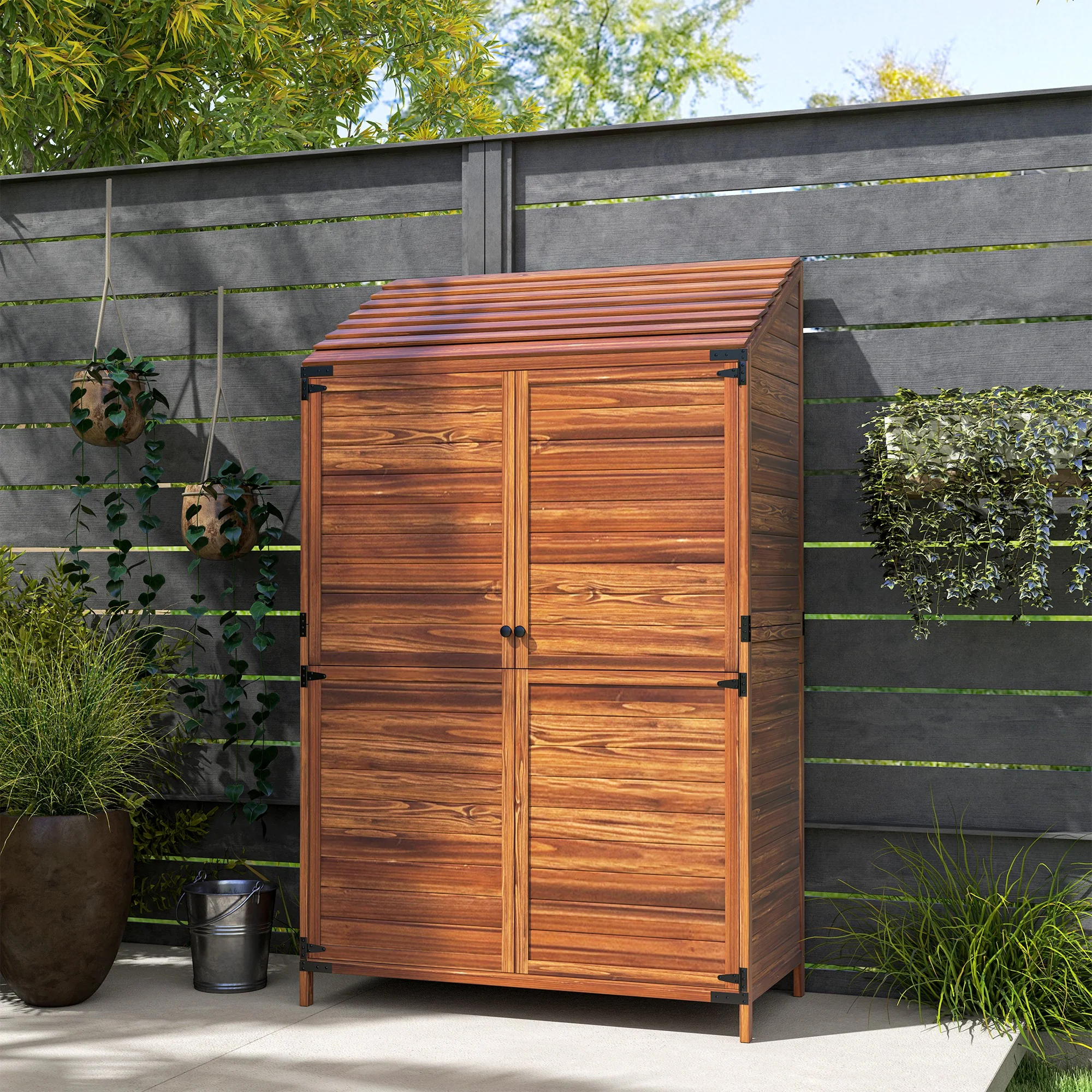 5.7ft Tall Lean-to Wooden Outdoor Storage Cabinet with Double Doors and Shelves, Mixed-Brown - Image 11