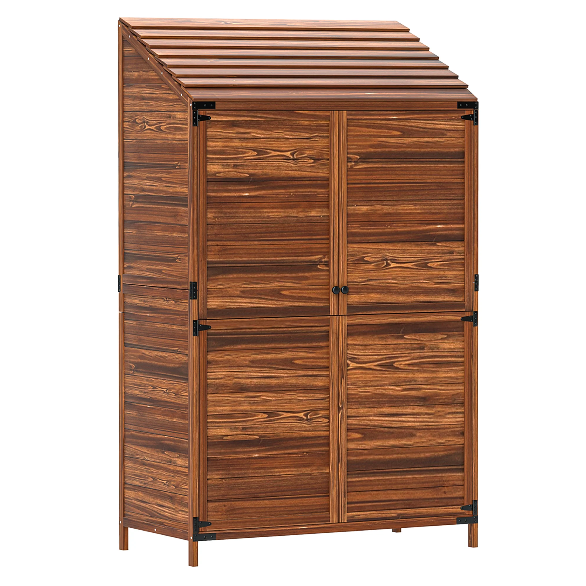 5.7ft Tall Lean-to Wooden Outdoor Storage Cabinet with Double Doors and Shelves, Mixed-Brown - Image 12