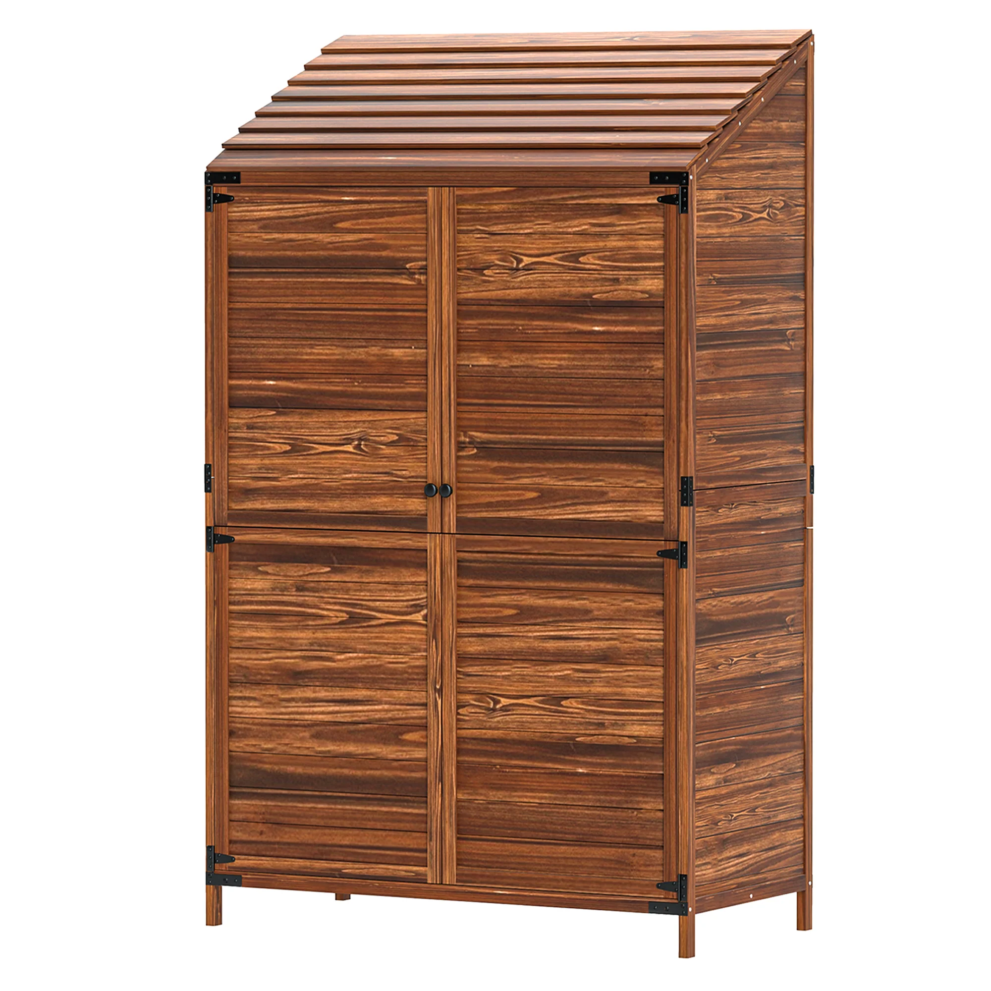 5.7ft Tall Lean-to Wooden Outdoor Storage Cabinet with Double Doors and Shelves, Mixed-Brown - Image 2