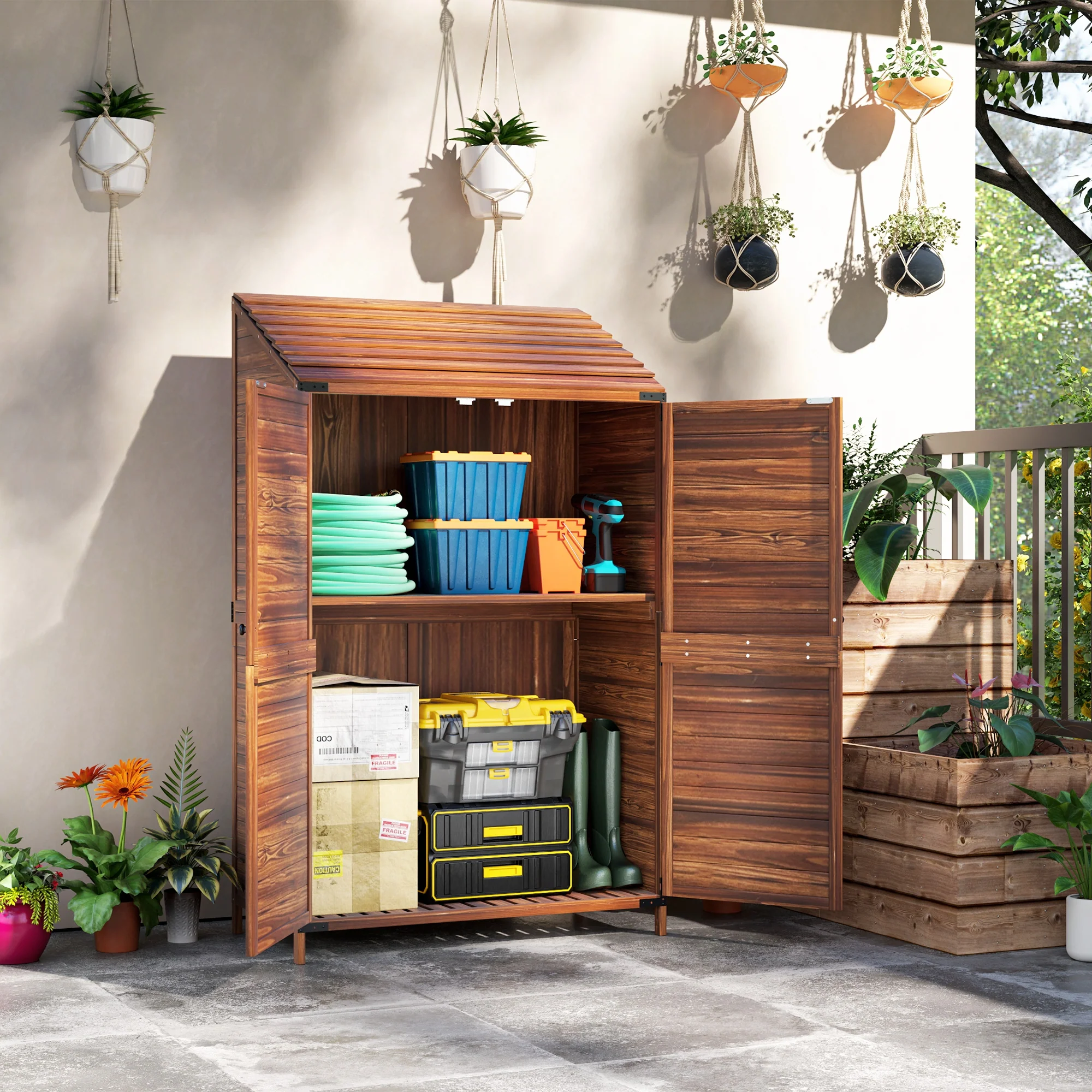 5.7ft Tall Lean-to Wooden Outdoor Storage Cabinet with Double Doors and Shelves, Mixed-Brown - Image 3