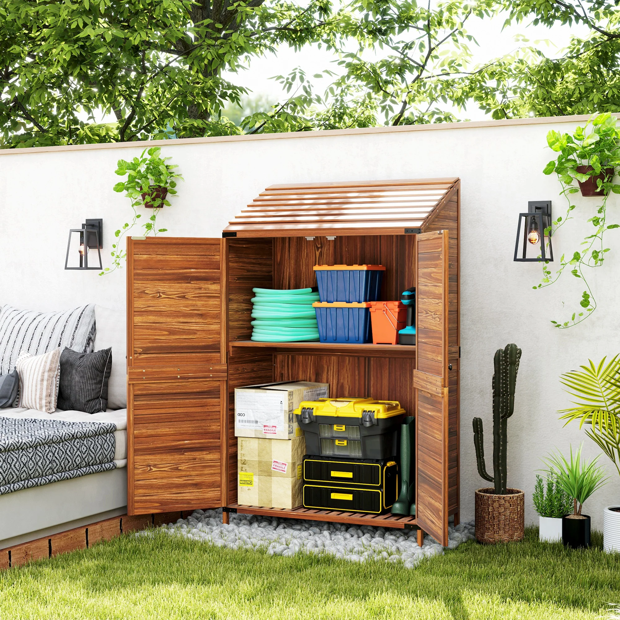 5.7ft Tall Lean-to Wooden Outdoor Storage Cabinet with Double Doors and Shelves, Mixed-Brown - Image 4