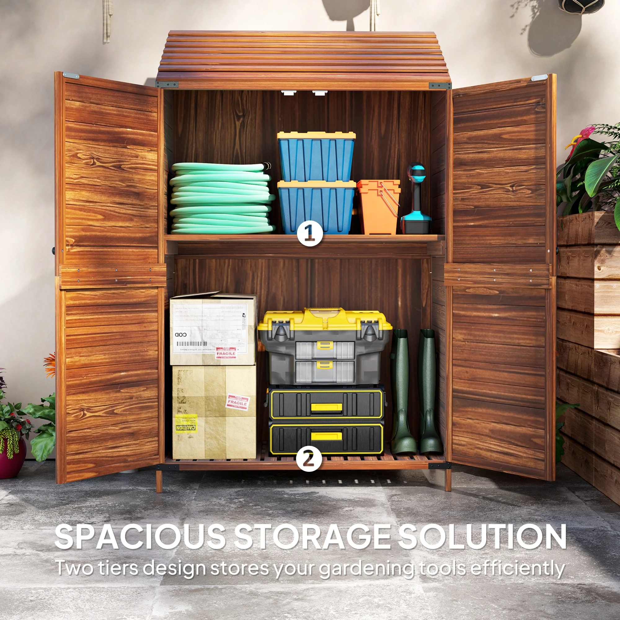 5.7ft Tall Lean-to Wooden Outdoor Storage Cabinet with Double Doors and Shelves, Mixed-Brown - Image 6