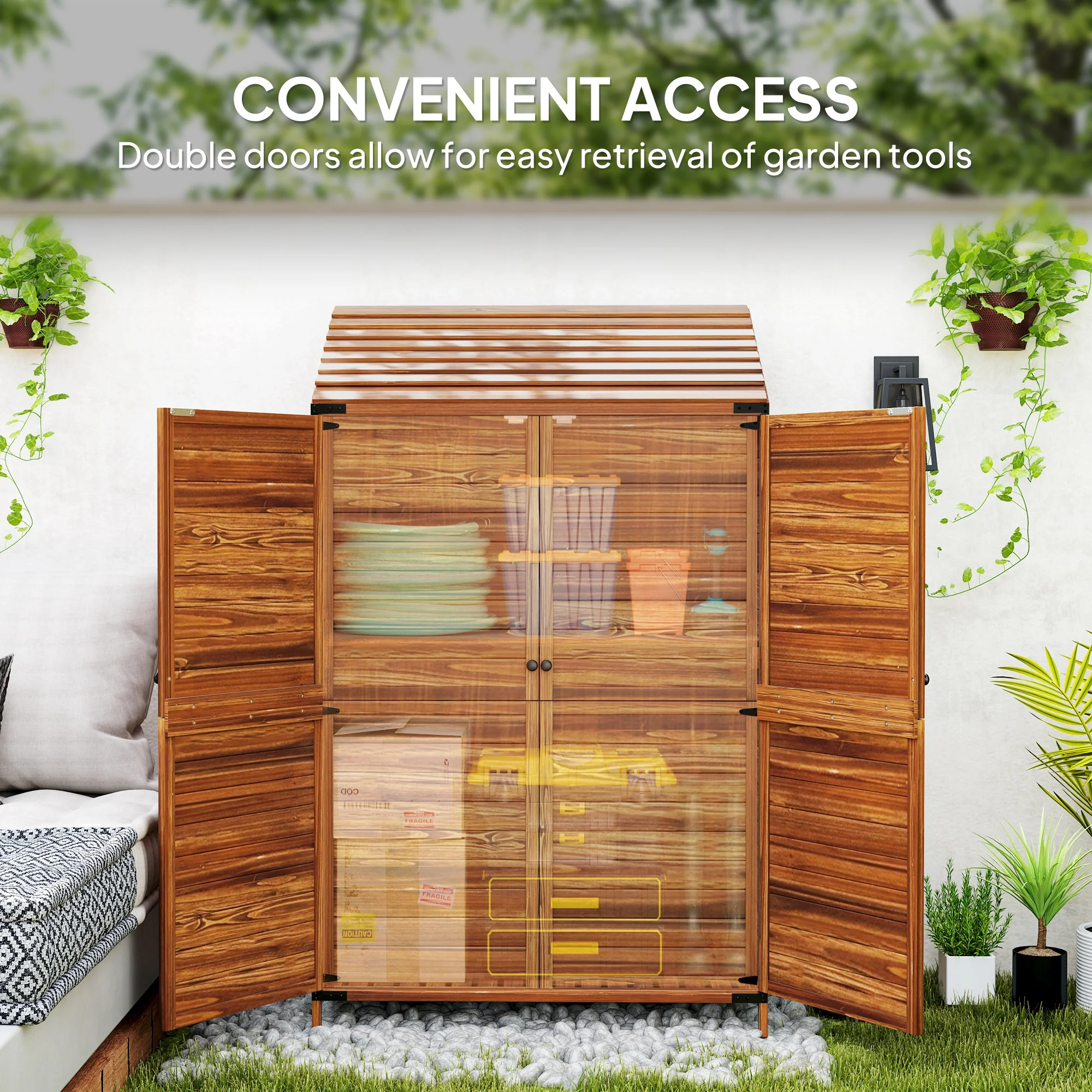5.7ft Tall Lean-to Wooden Outdoor Storage Cabinet with Double Doors and Shelves, Mixed-Brown - Image 7