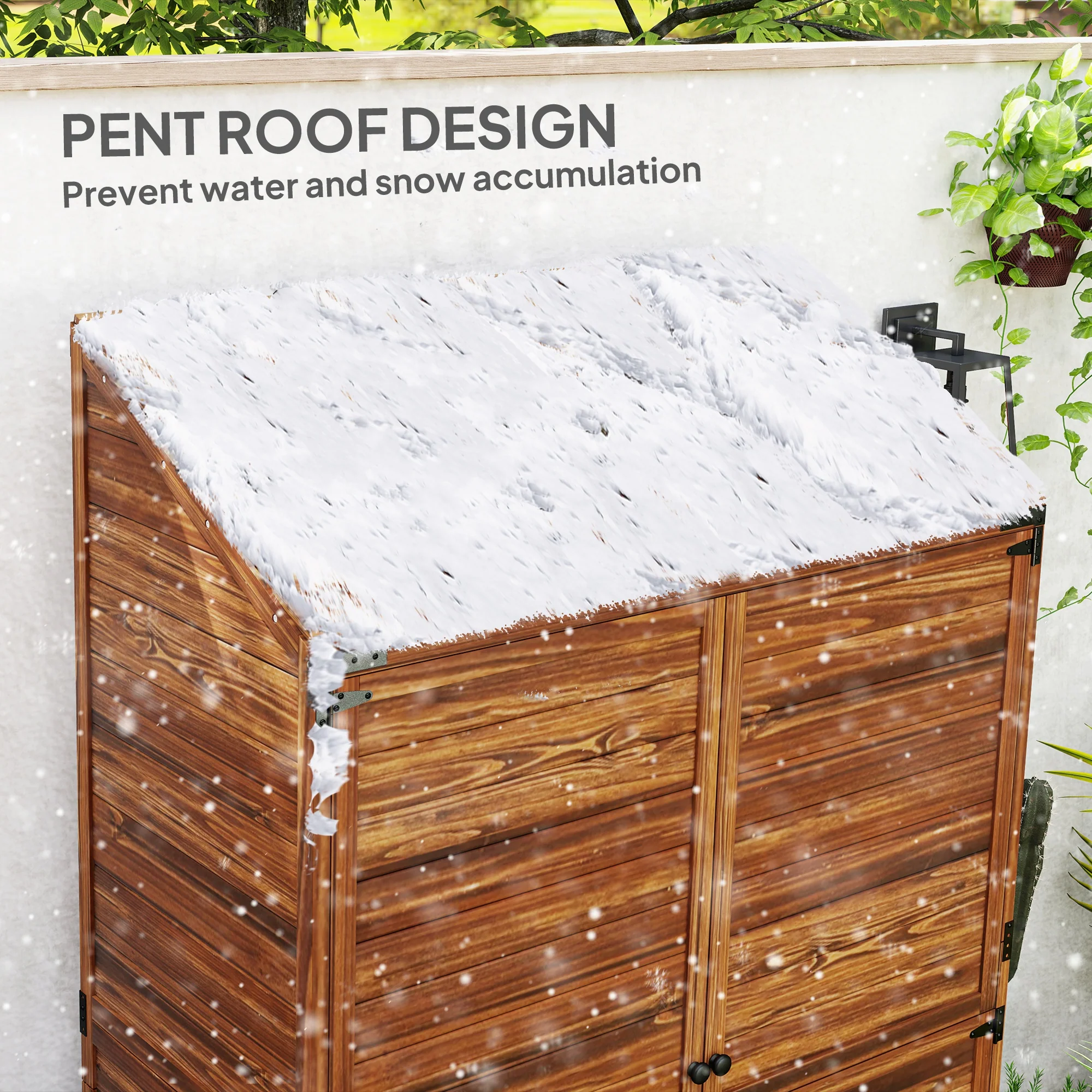 5.7ft Tall Lean-to Wooden Outdoor Storage Cabinet with Double Doors and Shelves, Mixed-Brown - Image 8