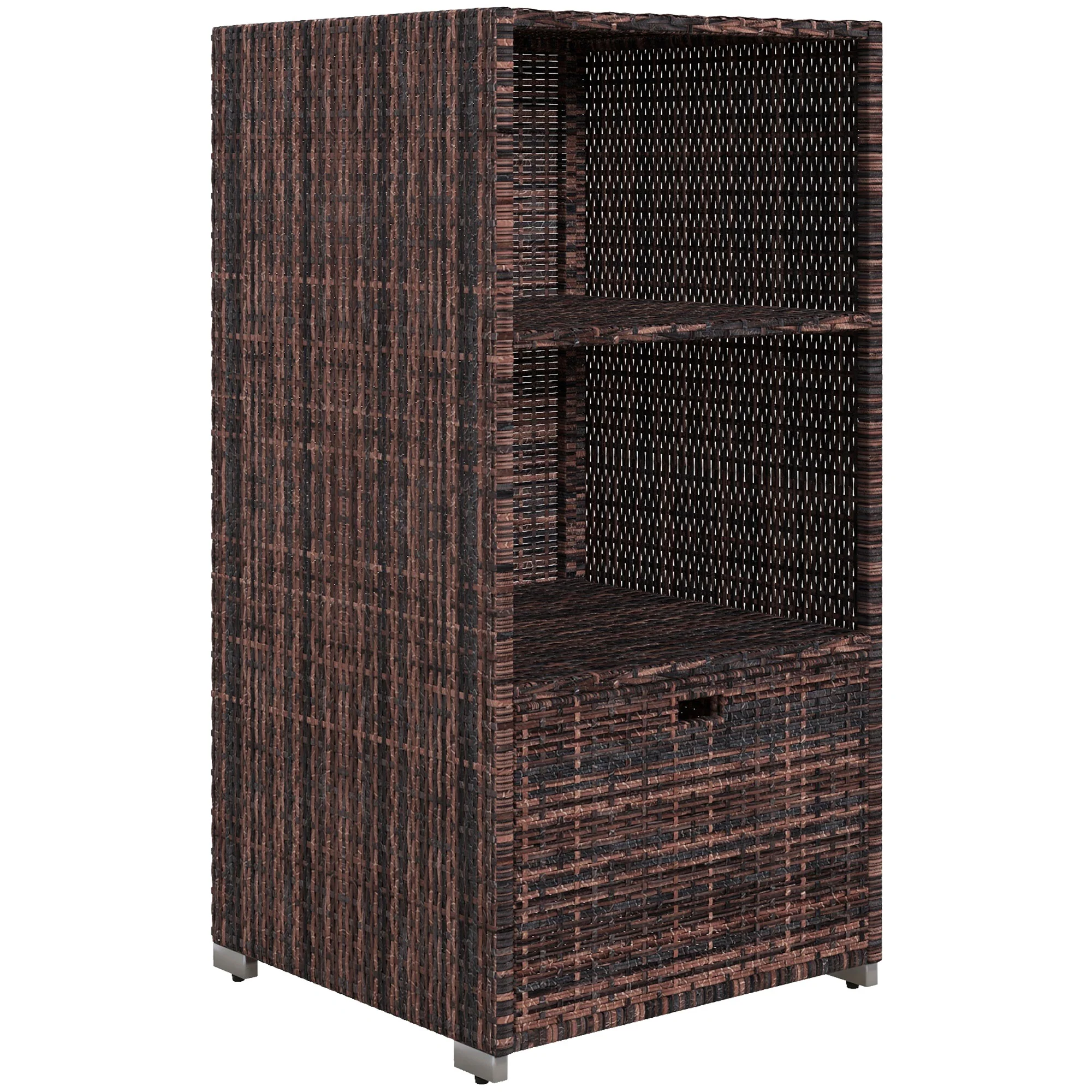 Outdoor Rattan Wicker  Storage Organizer w/ Shelf & Drawer for Poolside, Mixed Brown