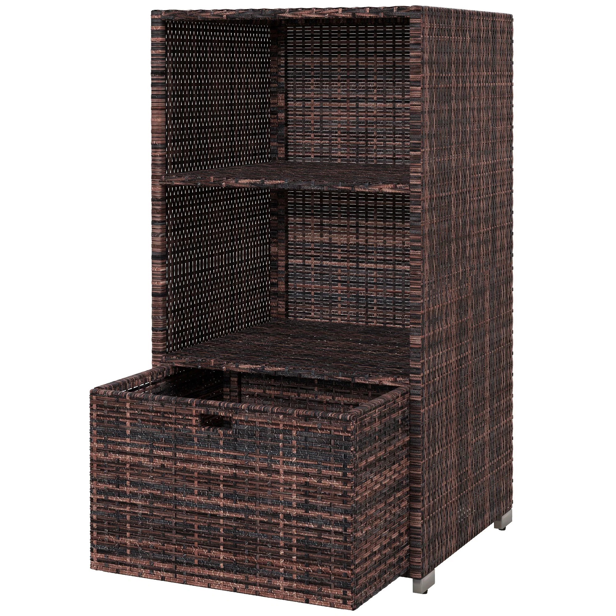 Outdoor Rattan Wicker  Storage Organizer w/ Shelf & Drawer for Poolside, Mixed Brown - Image 2