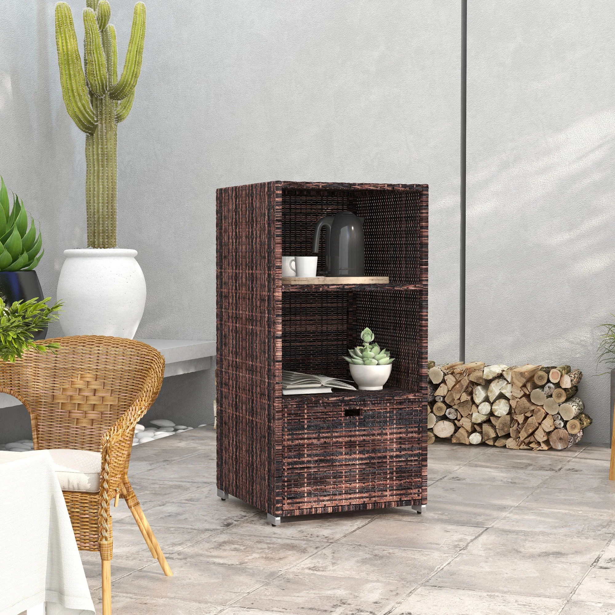 Outdoor Rattan Wicker  Storage Organizer w/ Shelf & Drawer for Poolside, Mixed Brown - Image 3