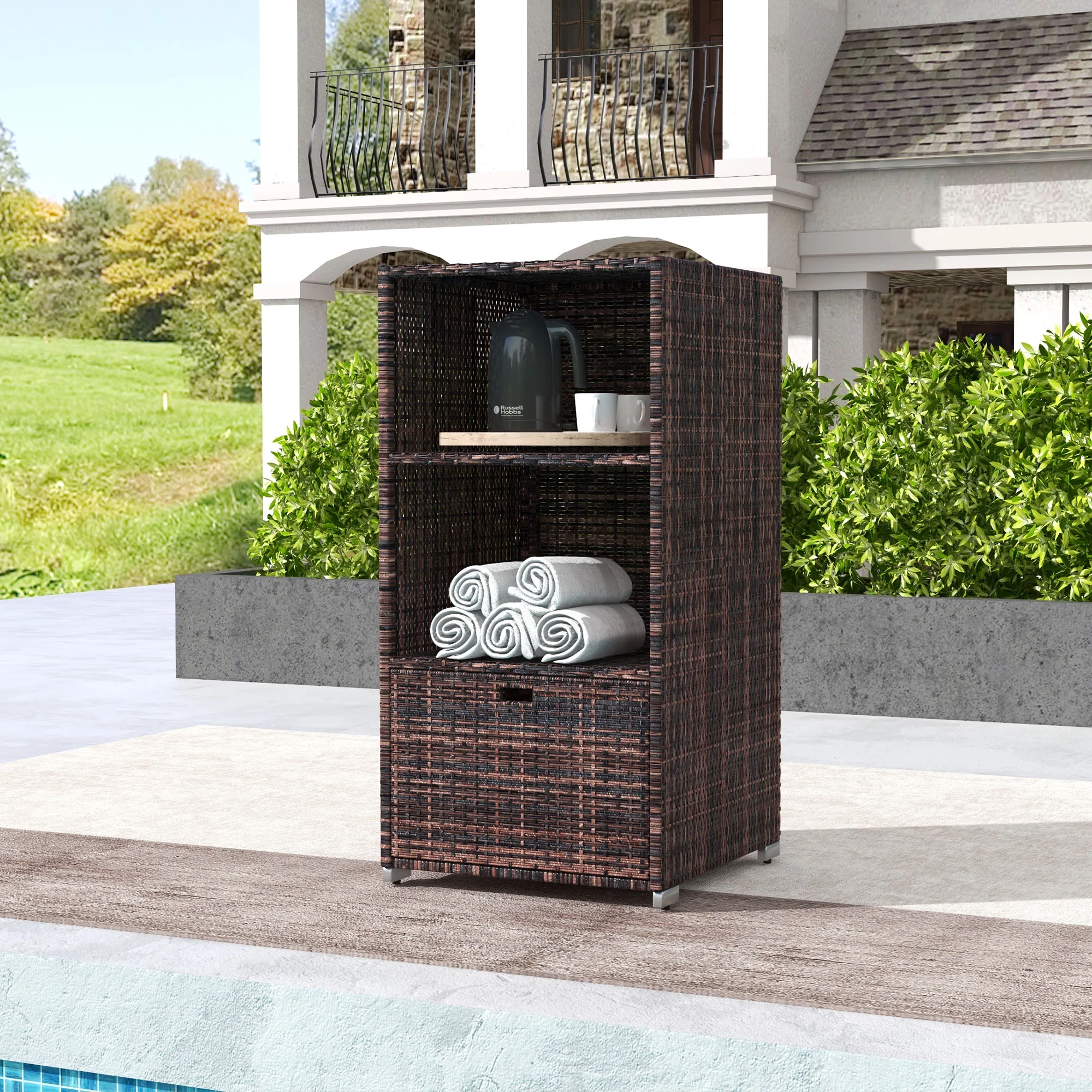 Outdoor Rattan Wicker  Storage Organizer w/ Shelf & Drawer for Poolside, Mixed Brown - Image 4