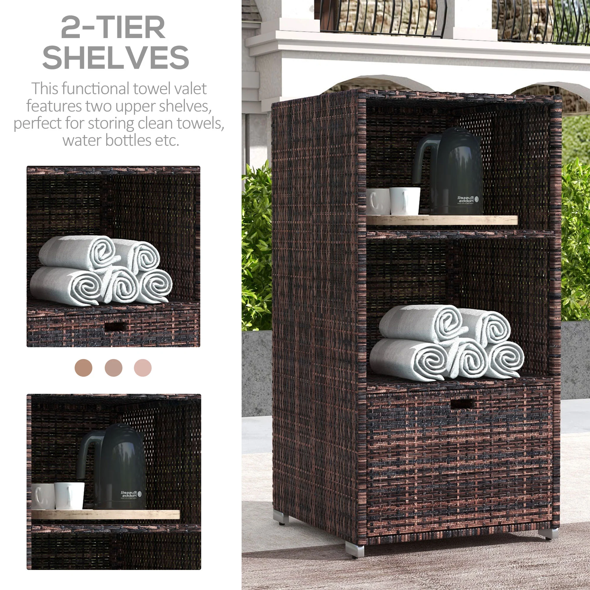 Outdoor Rattan Wicker  Storage Organizer w/ Shelf & Drawer for Poolside, Mixed Brown - Image 6