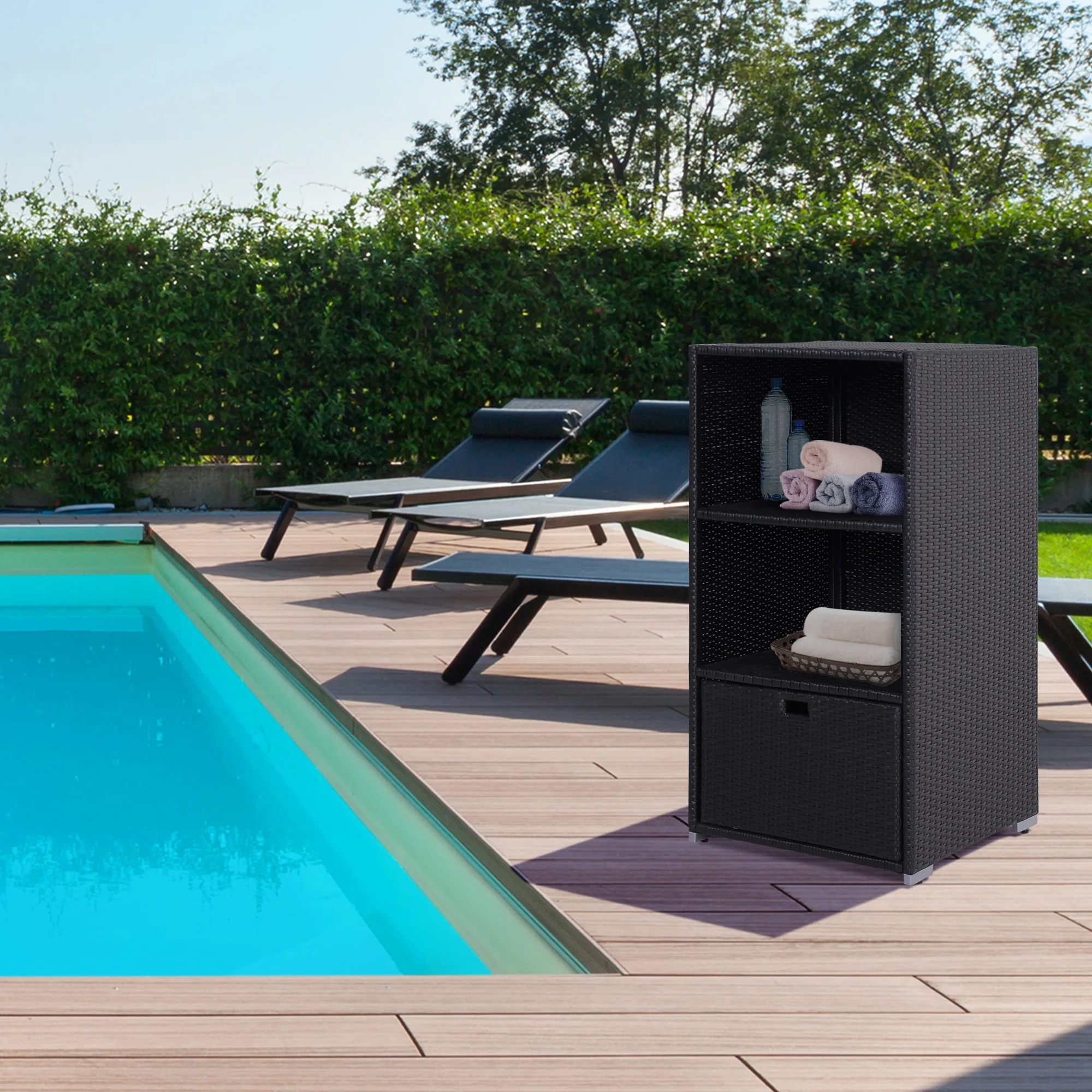 Outdoor Rattan Wicker  Storage Organizer w/ Shelf & Drawer for Poolside, Dark Brown - Image 4