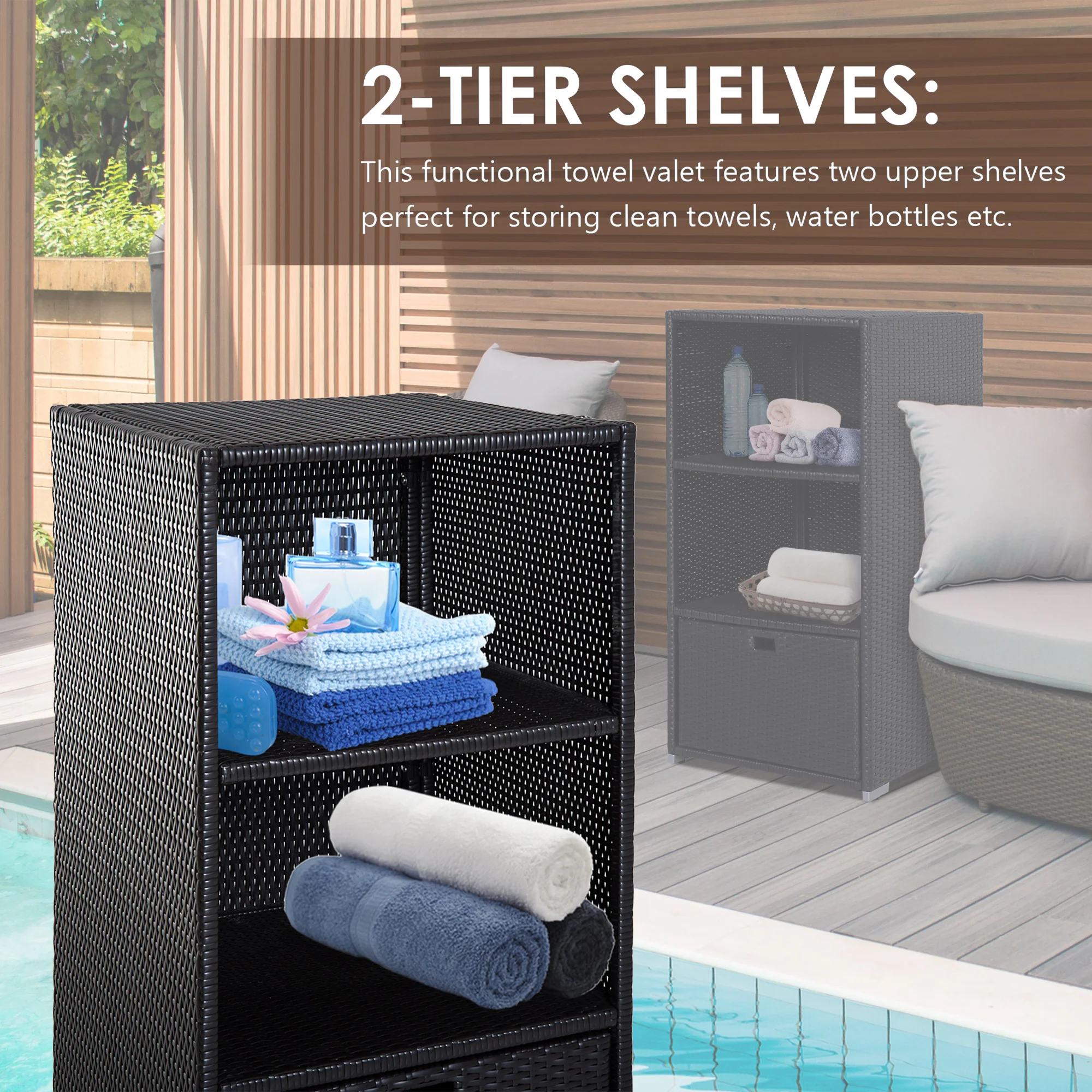 Outdoor Rattan Wicker  Storage Organizer w/ Shelf & Drawer for Poolside, Dark Brown - Image 7