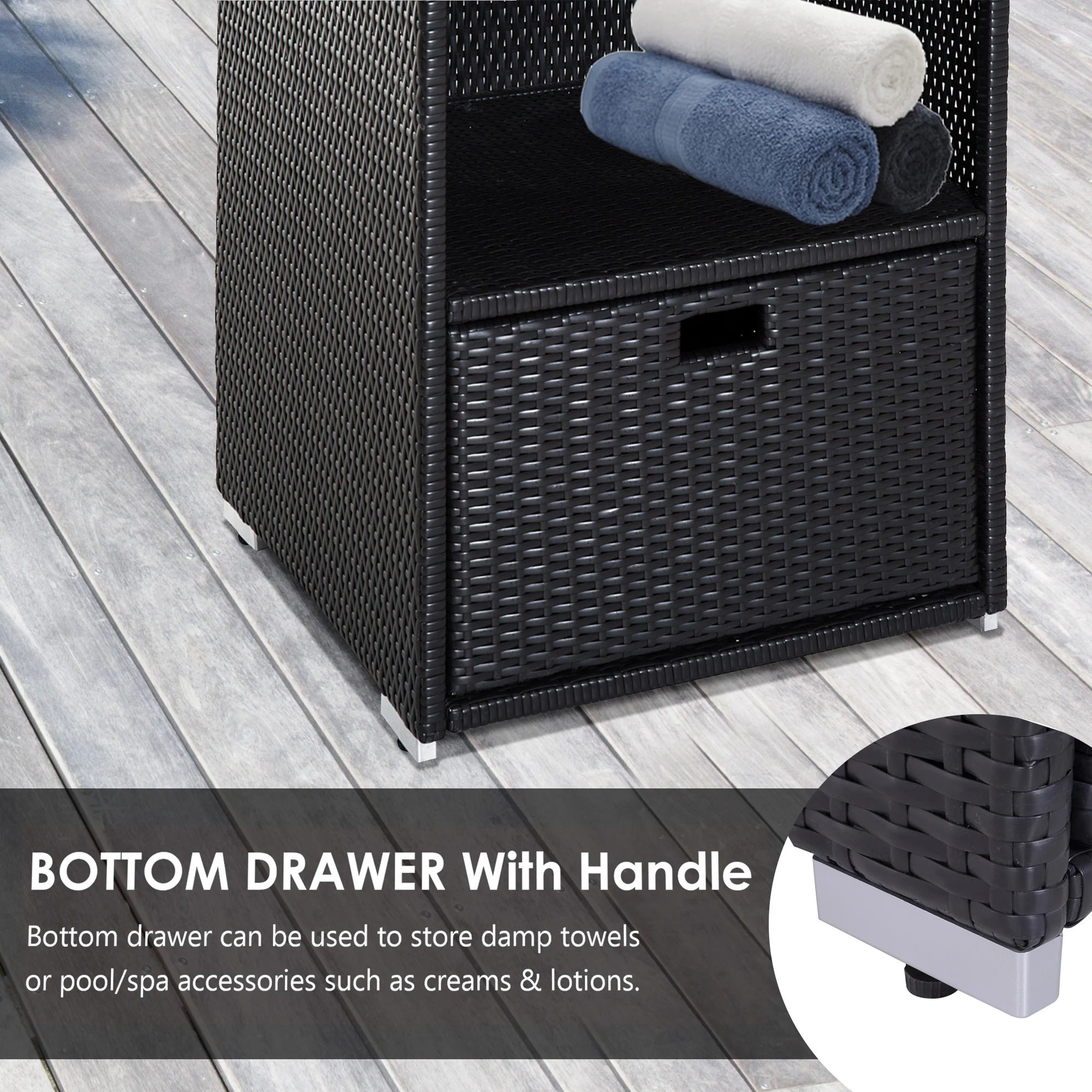 Outdoor Rattan Wicker  Storage Organizer w/ Shelf & Drawer for Poolside, Dark Brown - Image 8