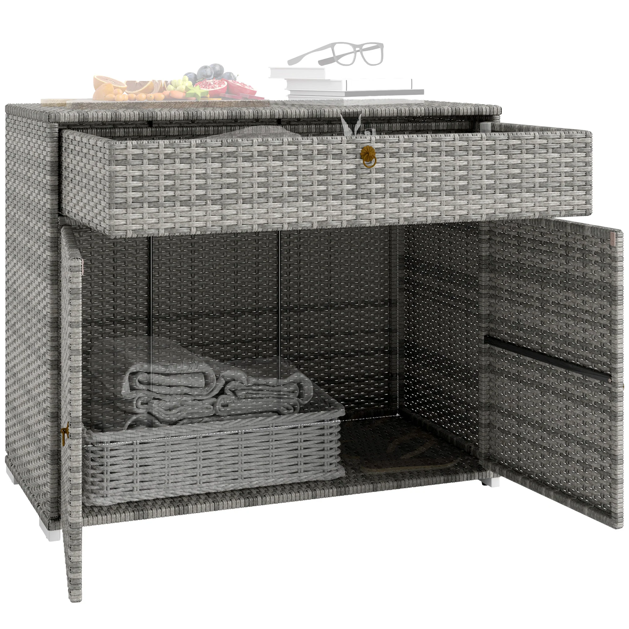 Outdoor PE Rattan Storage Cabinet, 2-Door Pool Towel Storage Cabinet with Drawer, Grey