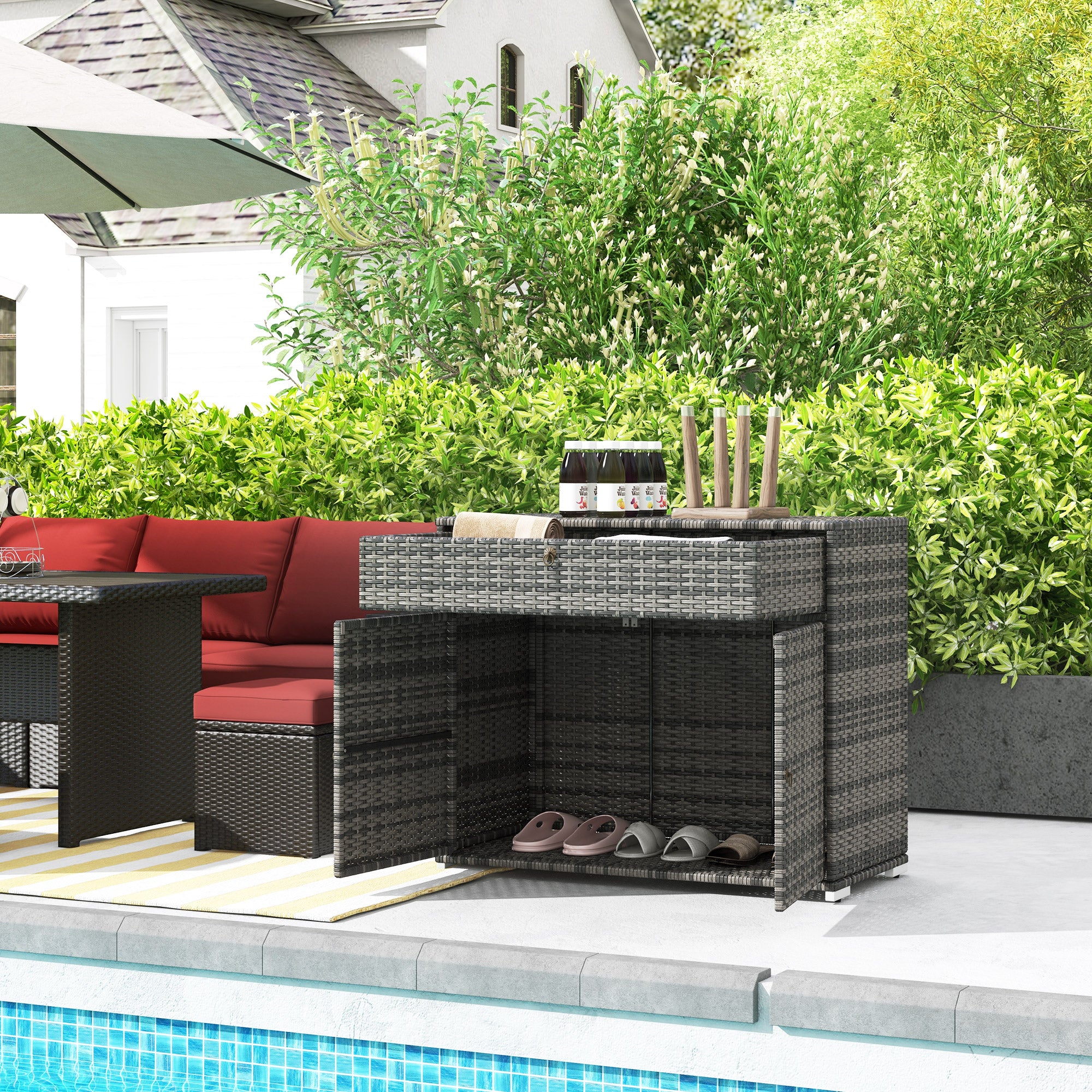 Outdoor PE Rattan Storage Cabinet, 2-Door Pool Towel Storage Cabinet with Drawer, Grey - Image 3