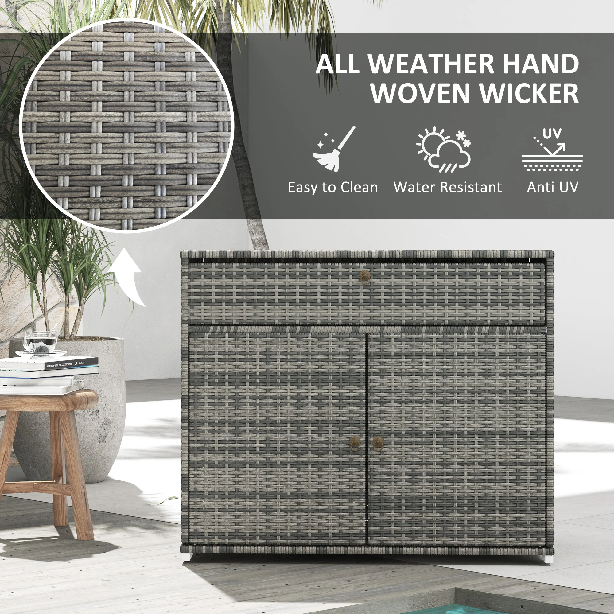 Outdoor PE Rattan Storage Cabinet, 2-Door Pool Towel Storage Cabinet with Drawer, Grey - Image 7