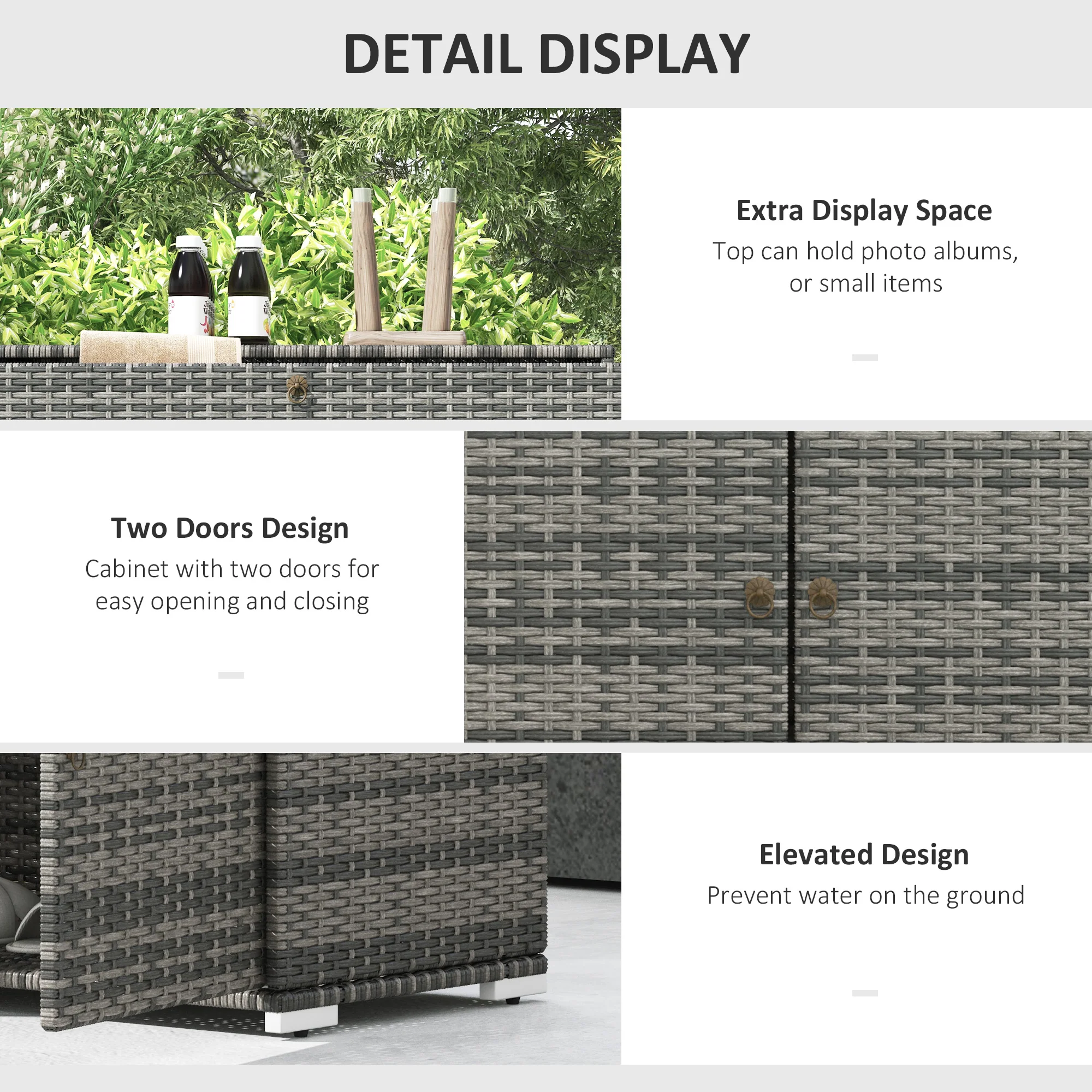 Outdoor PE Rattan Storage Cabinet, 2-Door Pool Towel Storage Cabinet with Drawer, Grey - Image 8