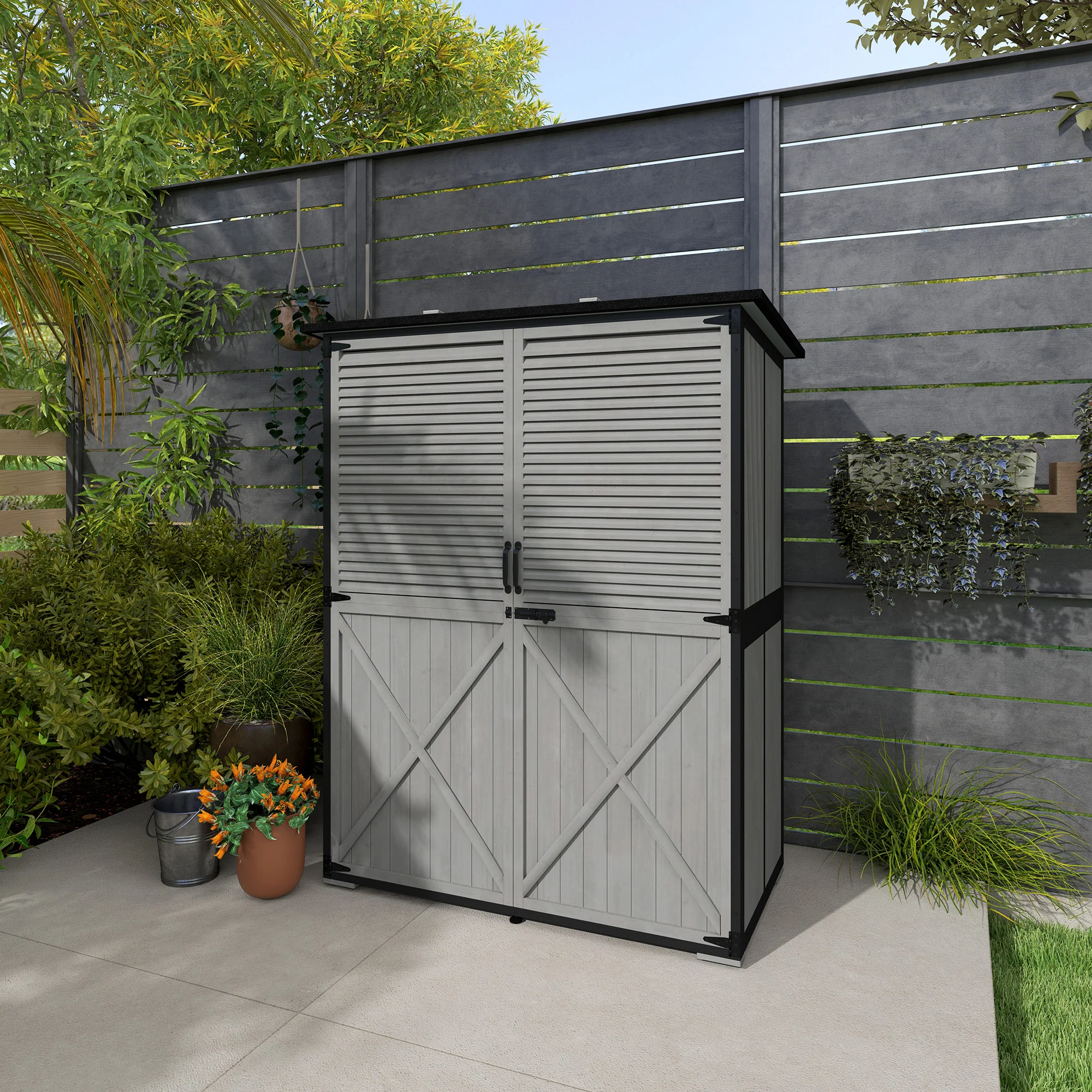 Wood Outdoor Storage Cabinet with Lock and Shelves, Gray - Image 11