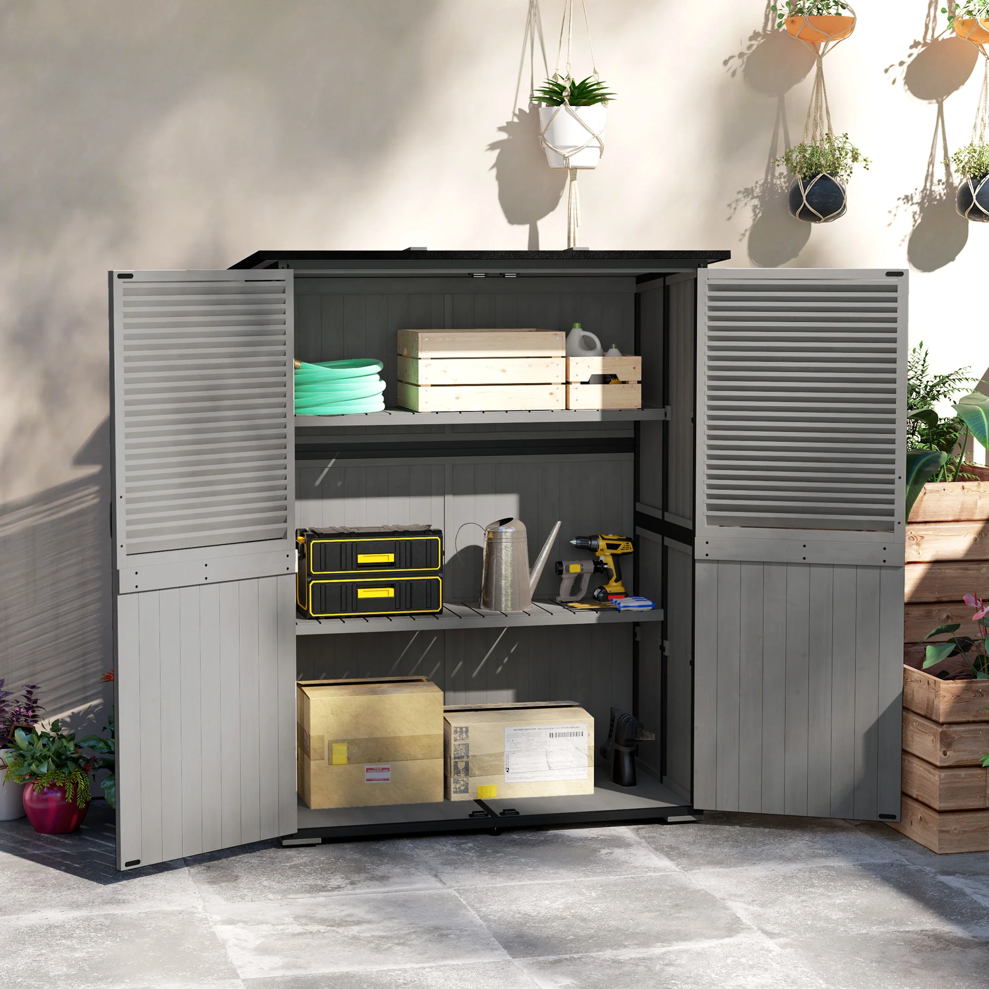 Wood Outdoor Storage Cabinet with Lock and Shelves, Gray - Image 3