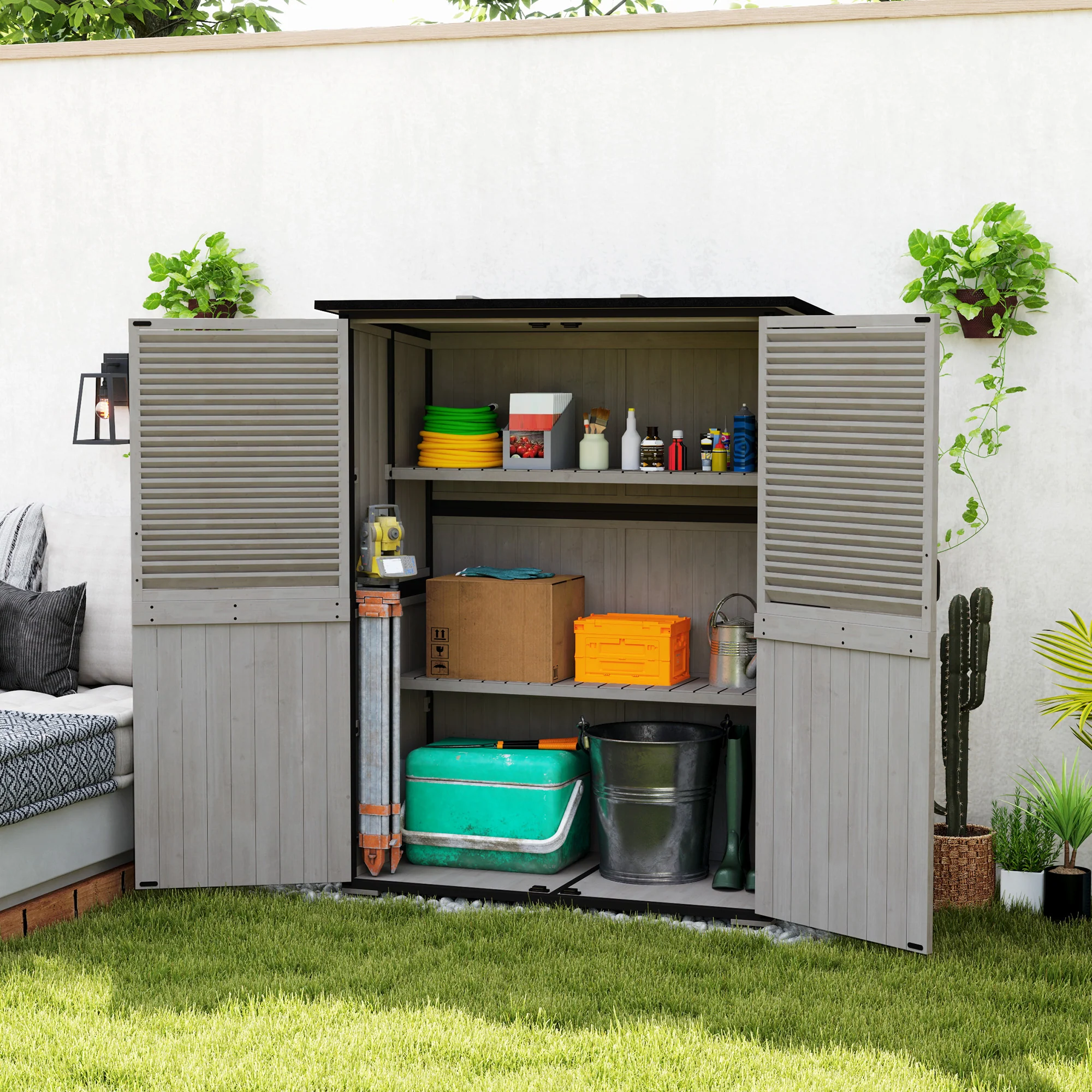 Wood Outdoor Storage Cabinet with Lock and Shelves, Gray - Image 4