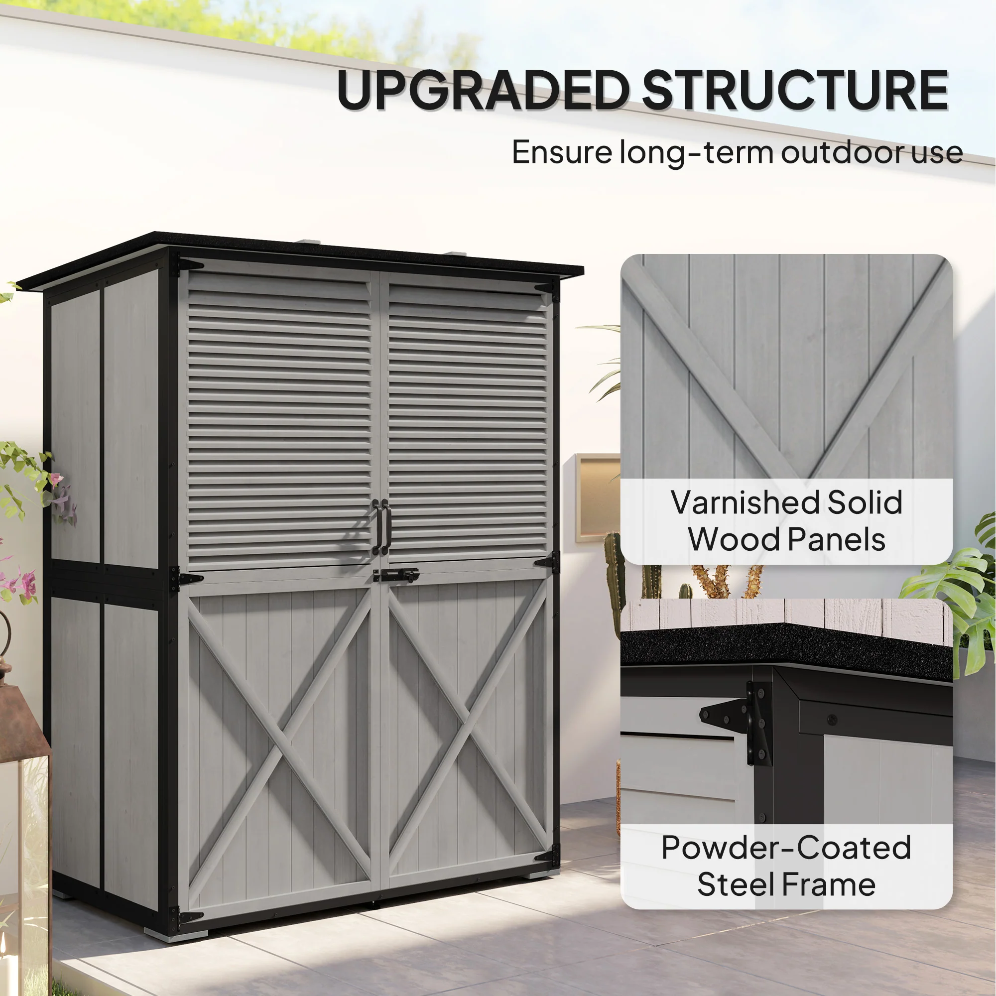 Wood Outdoor Storage Cabinet with Lock and Shelves, Gray - Image 6