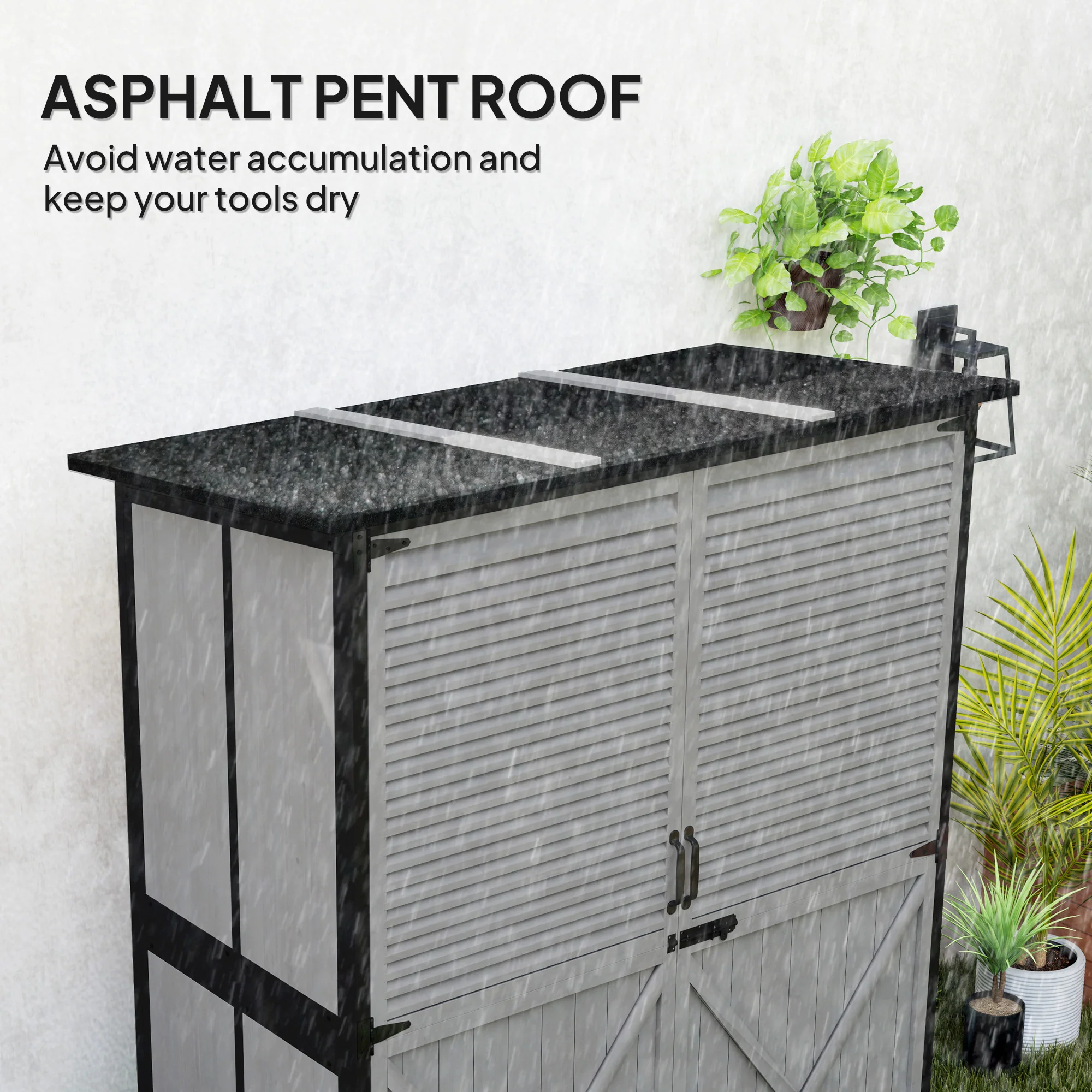 Wood Outdoor Storage Cabinet with Lock and Shelves, Gray - Image 7