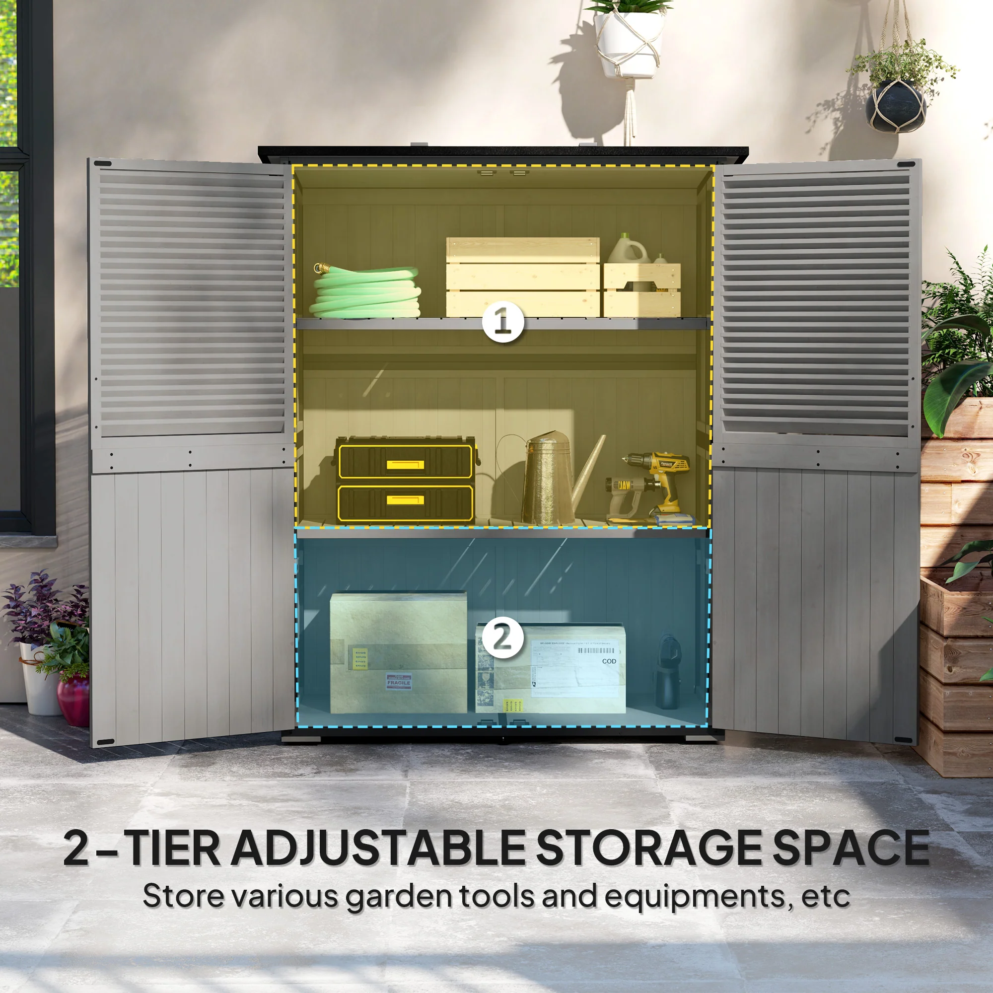Wood Outdoor Storage Cabinet with Lock and Shelves, Gray - Image 8
