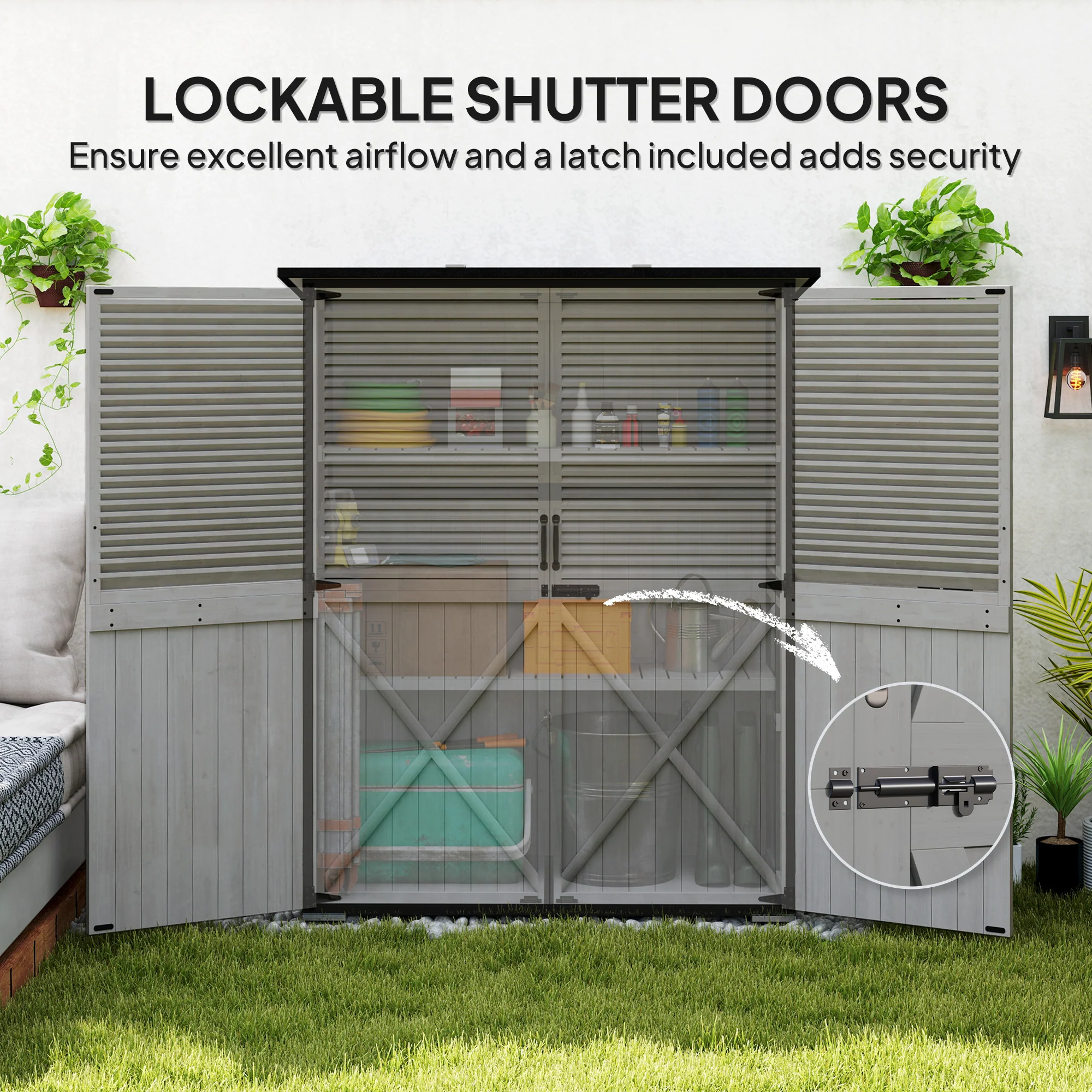 Wood Outdoor Storage Cabinet with Lock and Shelves, Gray - Image 9