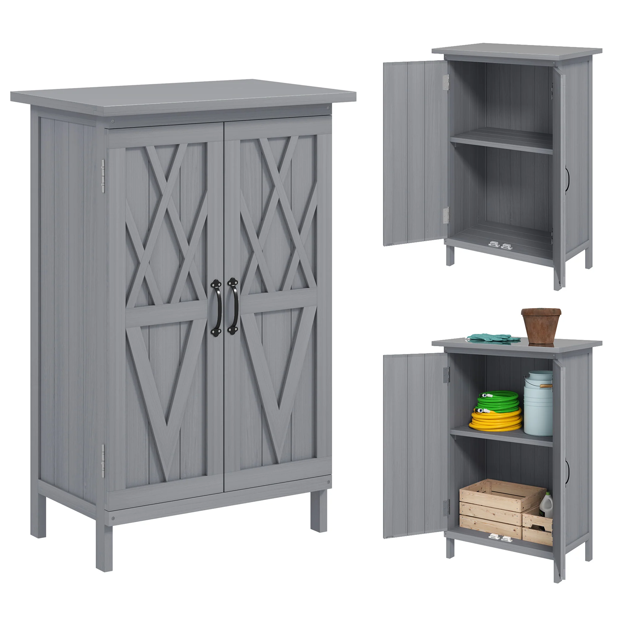 2-TierWooden Garden Shed with Metal Tabletop andh Magnetic Doors, Grey