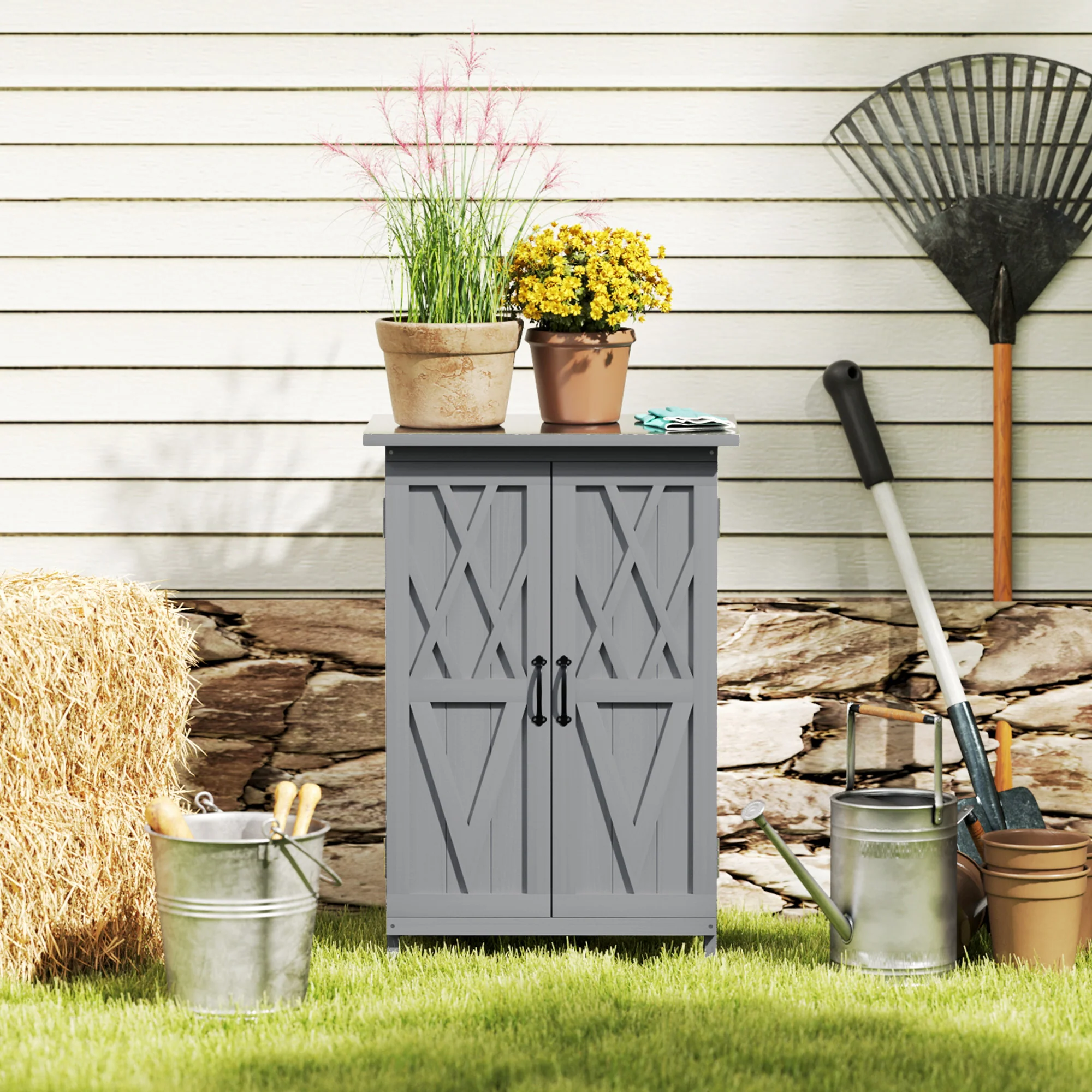 2-TierWooden Garden Shed with Metal Tabletop andh Magnetic Doors, Grey - Image 11