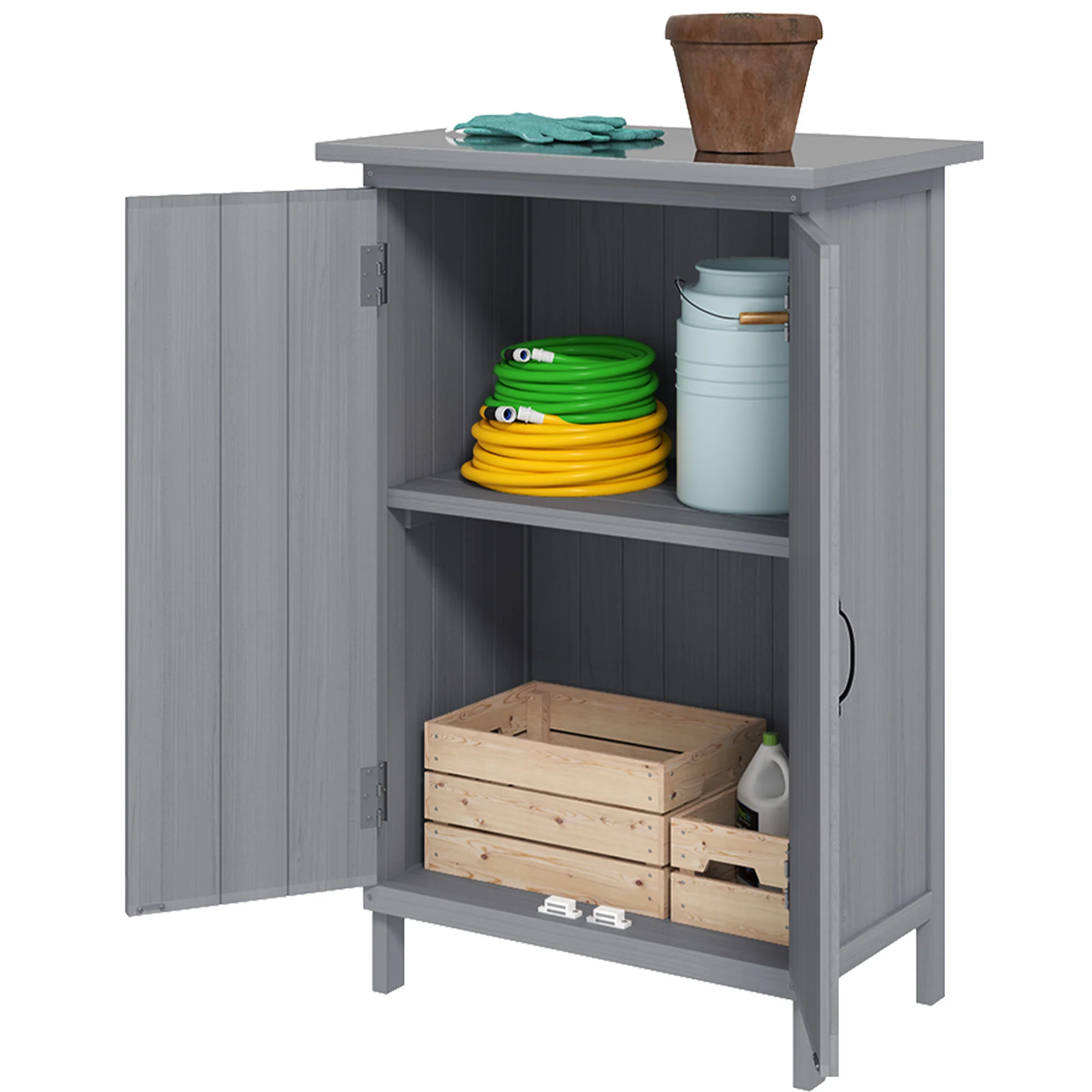 2-TierWooden Garden Shed with Metal Tabletop andh Magnetic Doors, Grey - Image 2