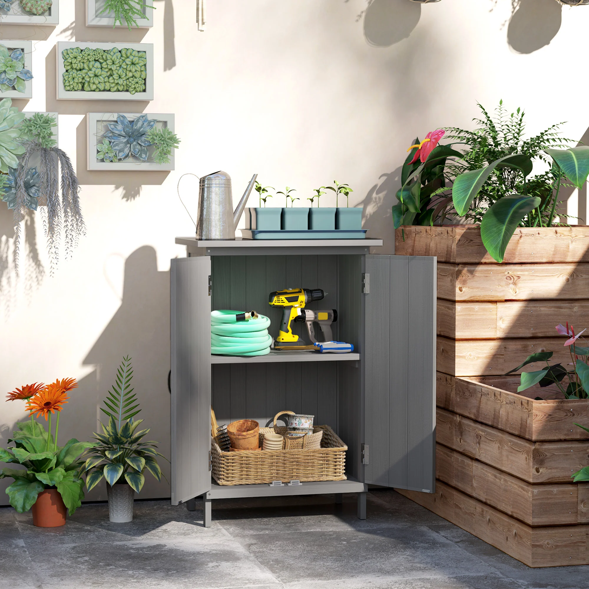 2-TierWooden Garden Shed with Metal Tabletop andh Magnetic Doors, Grey - Image 3