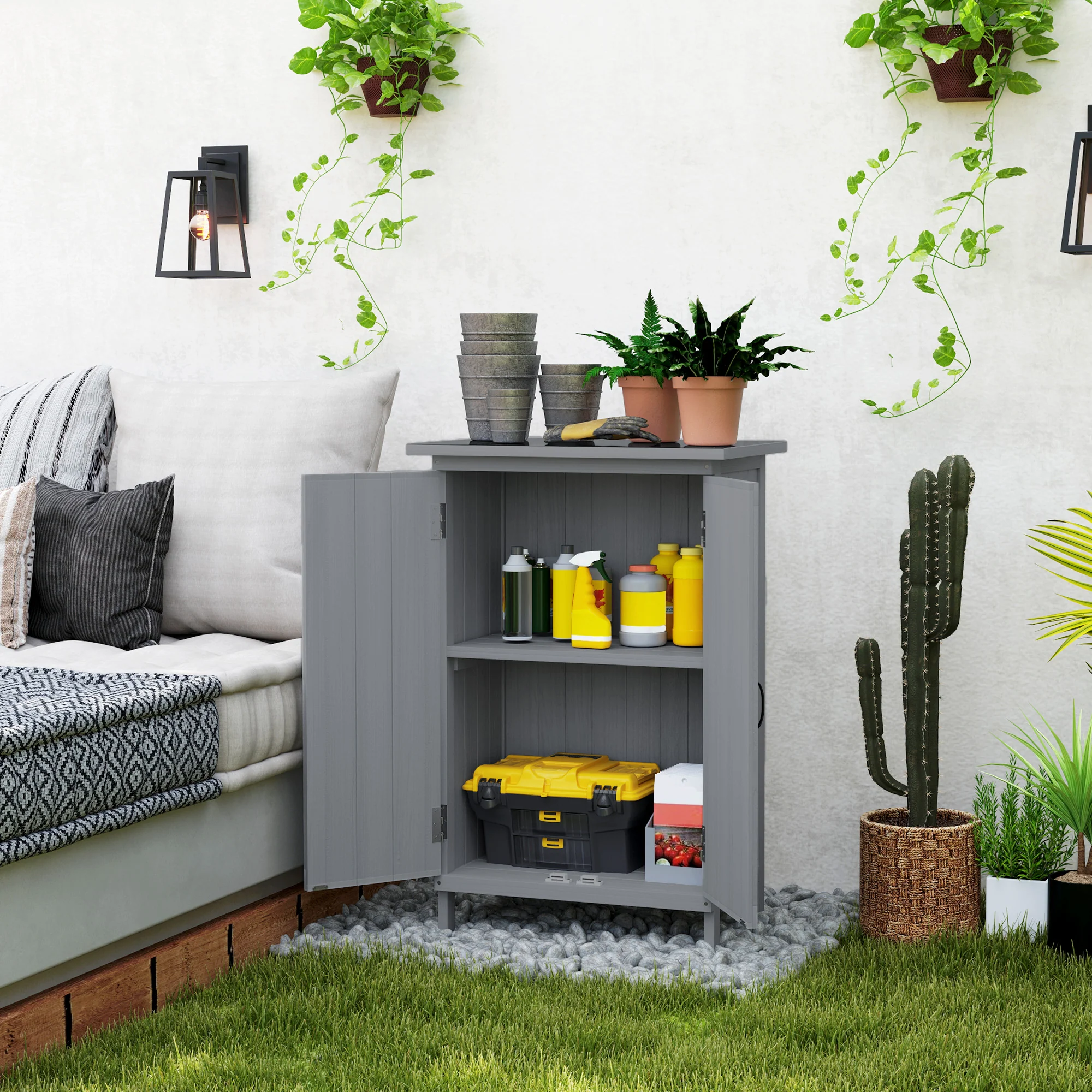 2-TierWooden Garden Shed with Metal Tabletop andh Magnetic Doors, Grey - Image 4