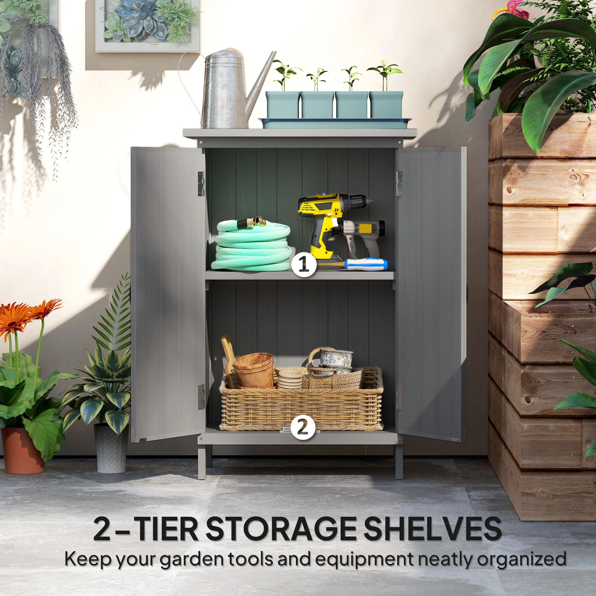 2-TierWooden Garden Shed with Metal Tabletop andh Magnetic Doors, Grey - Image 6