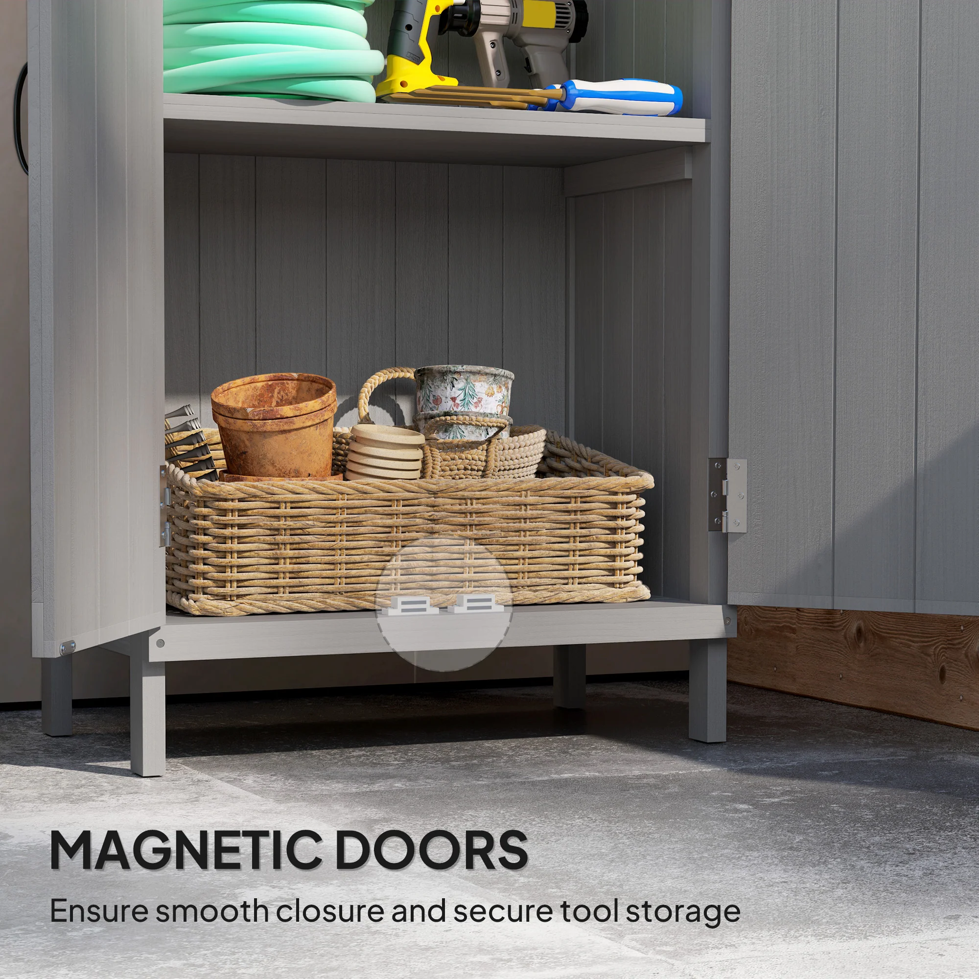 2-TierWooden Garden Shed with Metal Tabletop andh Magnetic Doors, Grey - Image 8