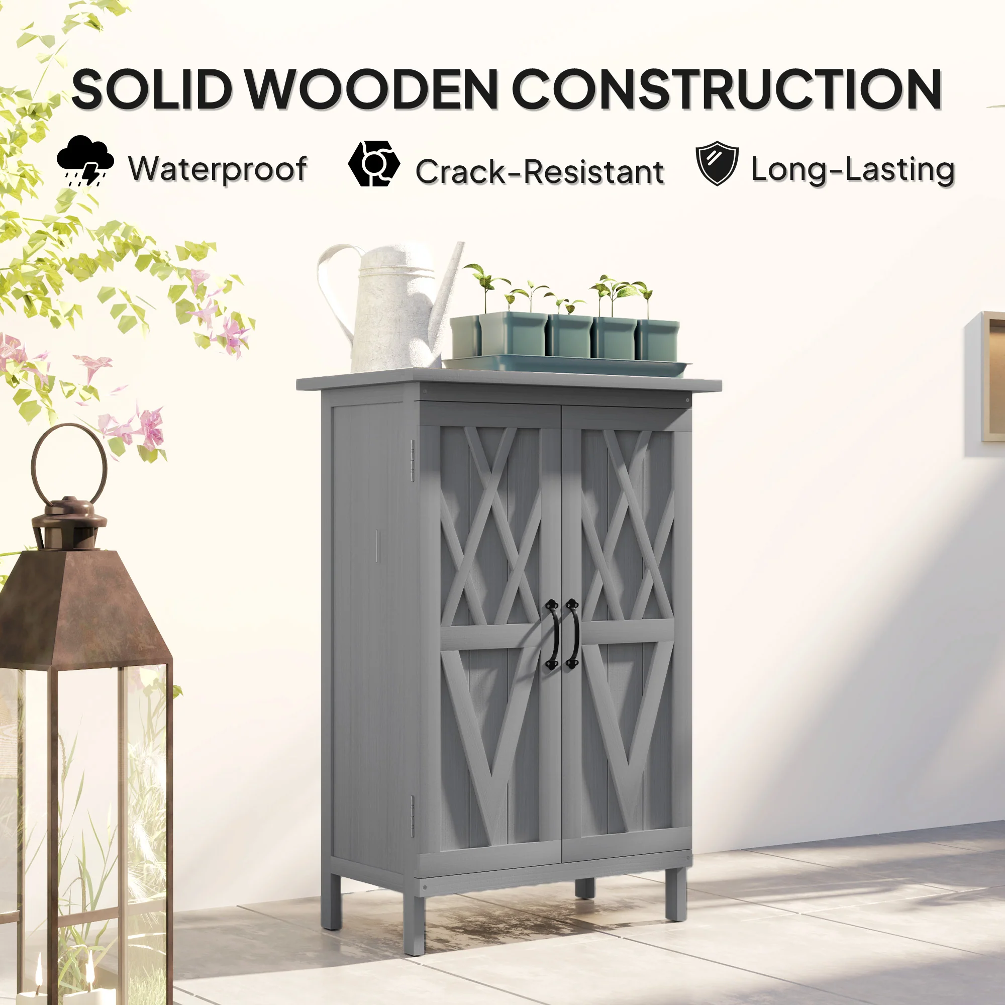2-TierWooden Garden Shed with Metal Tabletop andh Magnetic Doors, Grey - Image 9