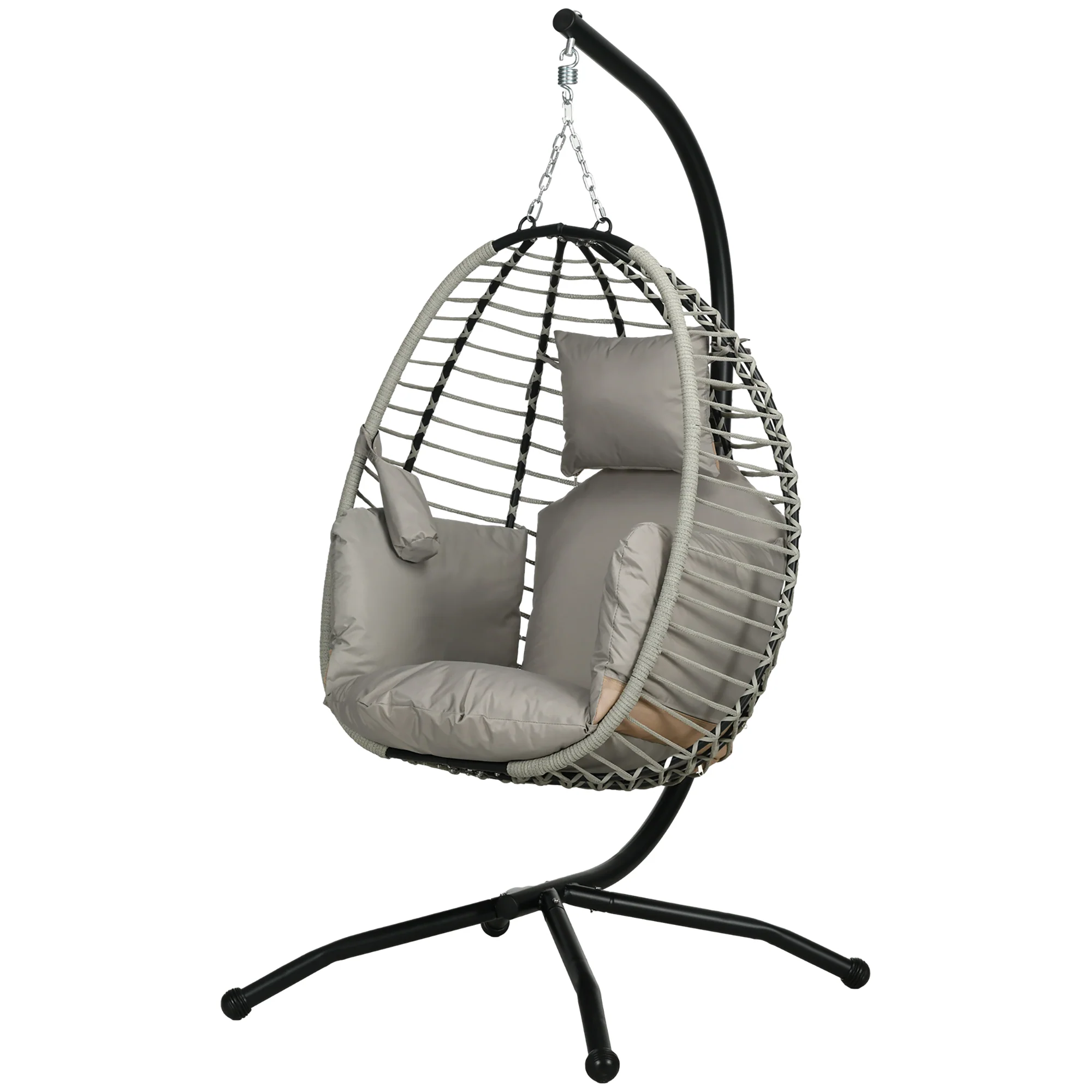 Outdoor Swing Chair with Thick Padded Cushion, Patio Hanging Egg Chair with Metal Stand, Foldable Basket, Cup Holder, Rope Structure for Indoor & Outdoor, Grey - Image 2