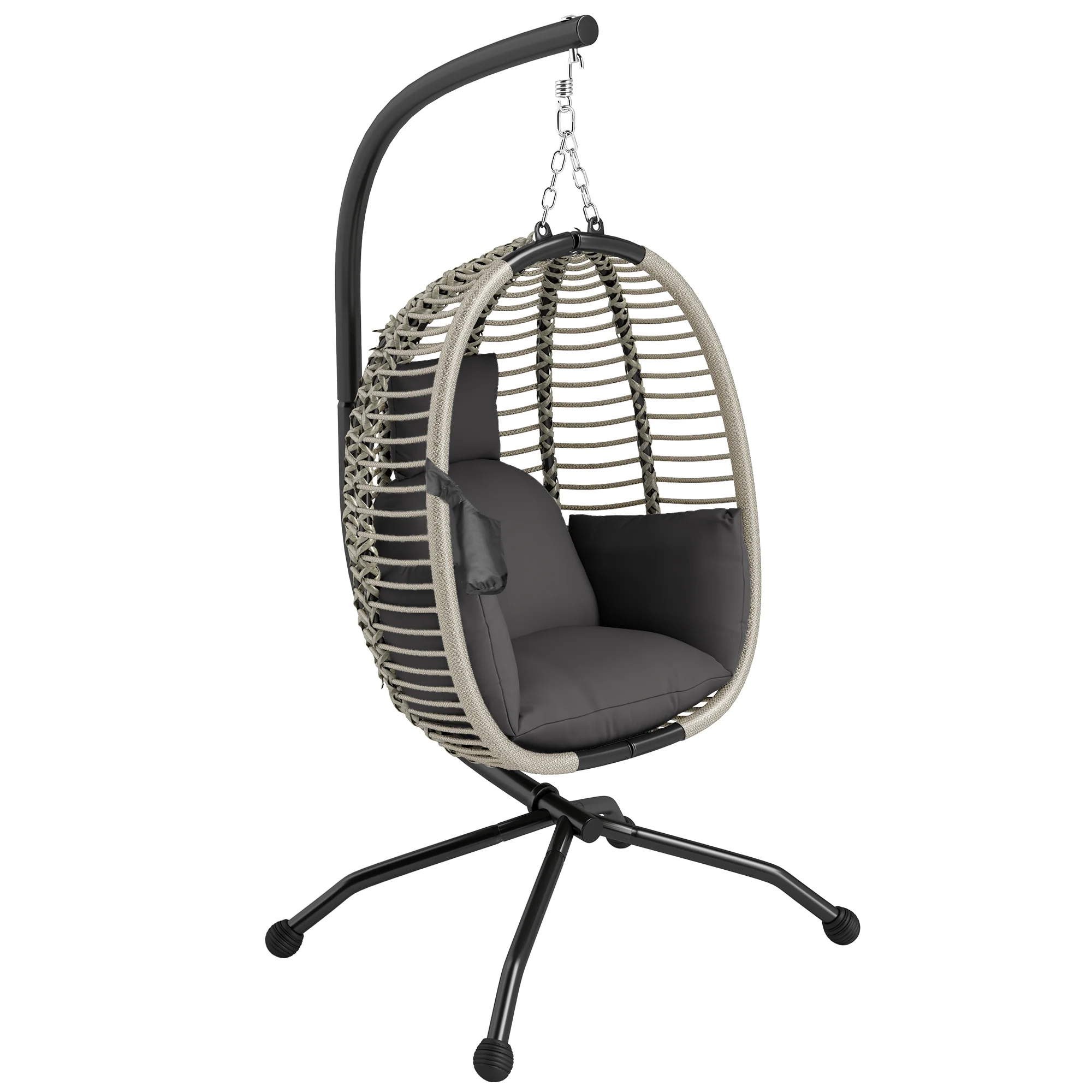 Outdoor Swing Chair with Thick Padded Cushion, Patio Hanging Egg Chair with Metal Stand, Foldable Basket, Cup Holder, Rope Structure for Indoor & Outdoor, Dark Grey - Image 12