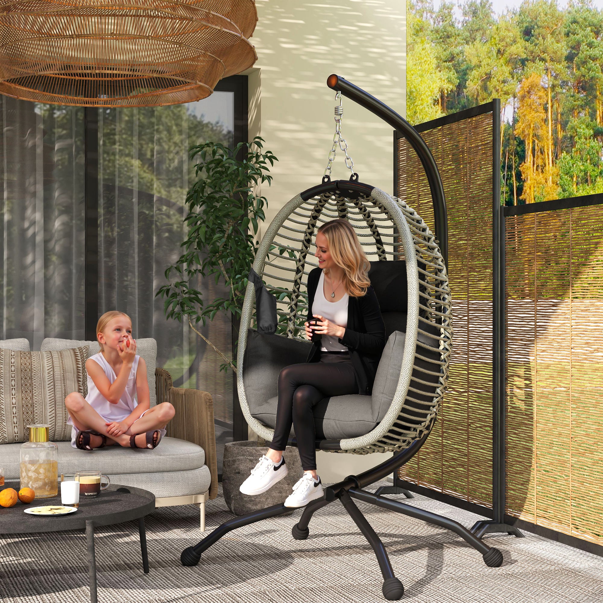 Outdoor Swing Chair with Thick Padded Cushion, Patio Hanging Egg Chair with Metal Stand, Foldable Basket, Cup Holder, Rope Structure for Indoor & Outdoor, Dark Grey - Image 3