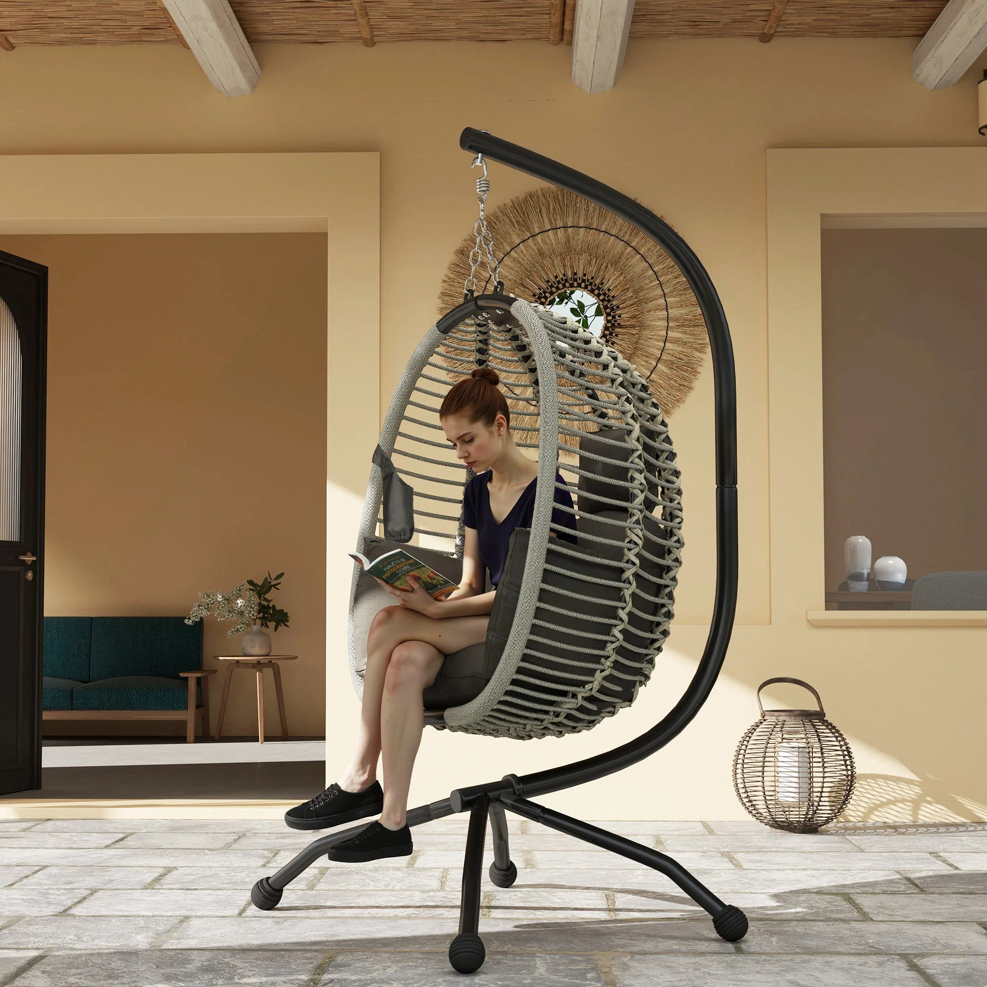Outdoor Swing Chair with Thick Padded Cushion, Patio Hanging Egg Chair with Metal Stand, Foldable Basket, Cup Holder, Rope Structure for Indoor & Outdoor, Dark Grey - Image 4