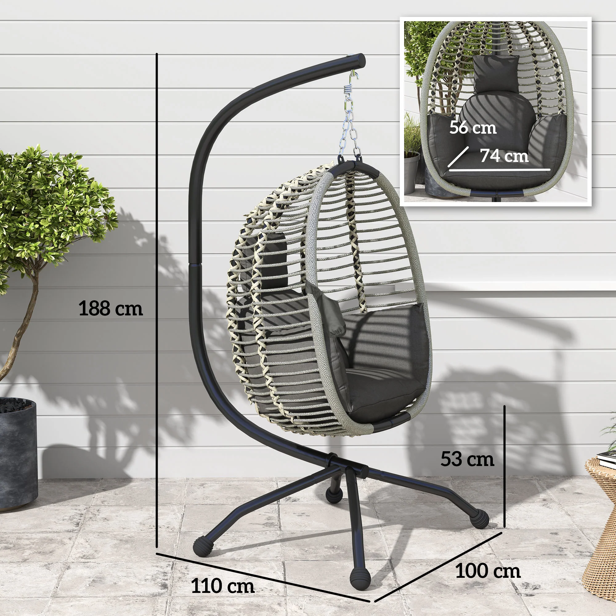 Outdoor Swing Chair with Thick Padded Cushion, Patio Hanging Egg Chair with Metal Stand, Foldable Basket, Cup Holder, Rope Structure for Indoor & Outdoor, Dark Grey - Image 5