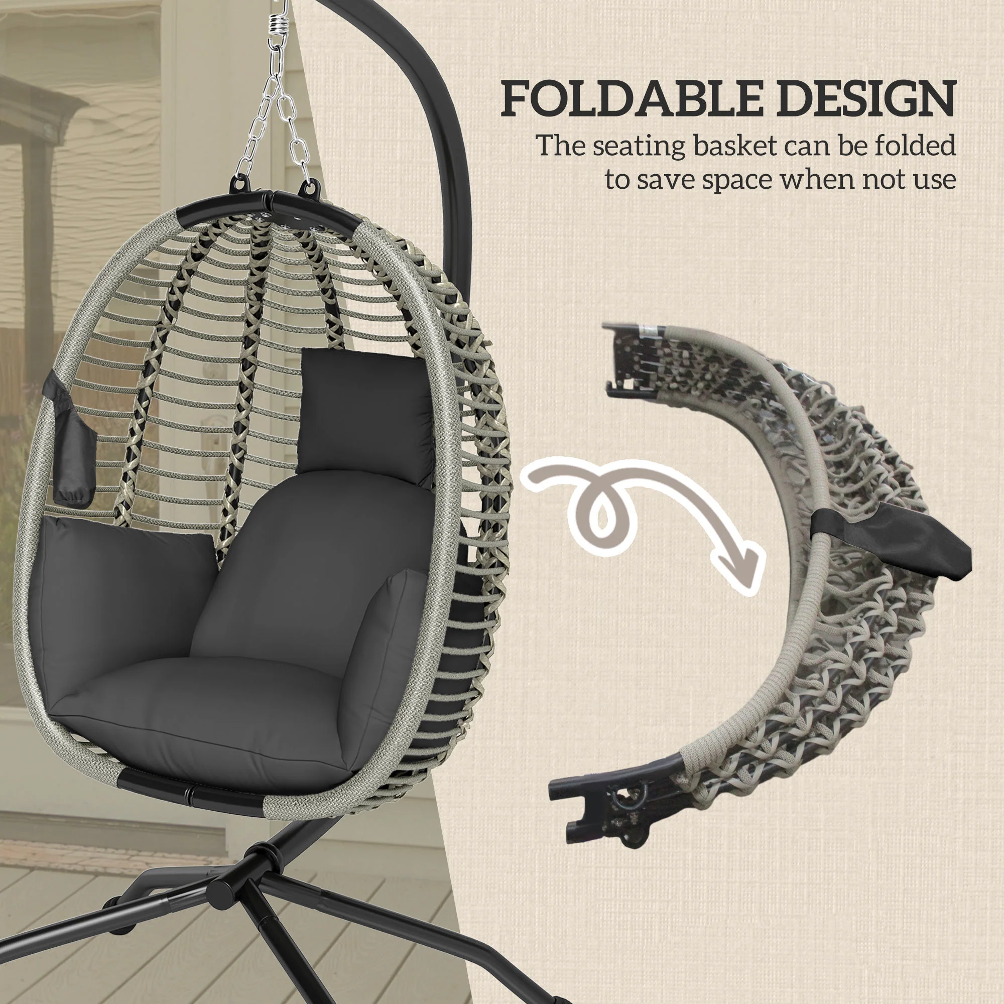 Outdoor Swing Chair with Thick Padded Cushion, Patio Hanging Egg Chair with Metal Stand, Foldable Basket, Cup Holder, Rope Structure for Indoor & Outdoor, Dark Grey - Image 7