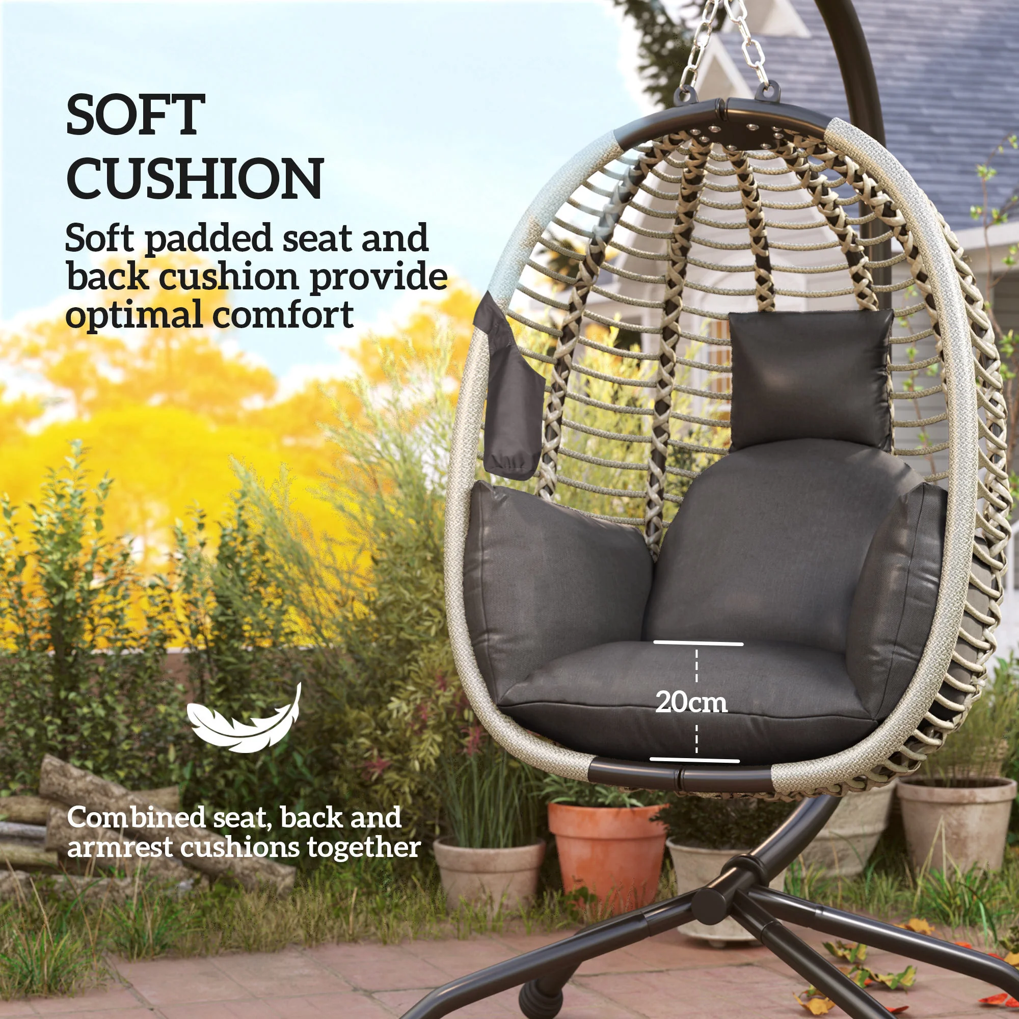 Outdoor Swing Chair with Thick Padded Cushion, Patio Hanging Egg Chair with Metal Stand, Foldable Basket, Cup Holder, Rope Structure for Indoor & Outdoor, Dark Grey - Image 8