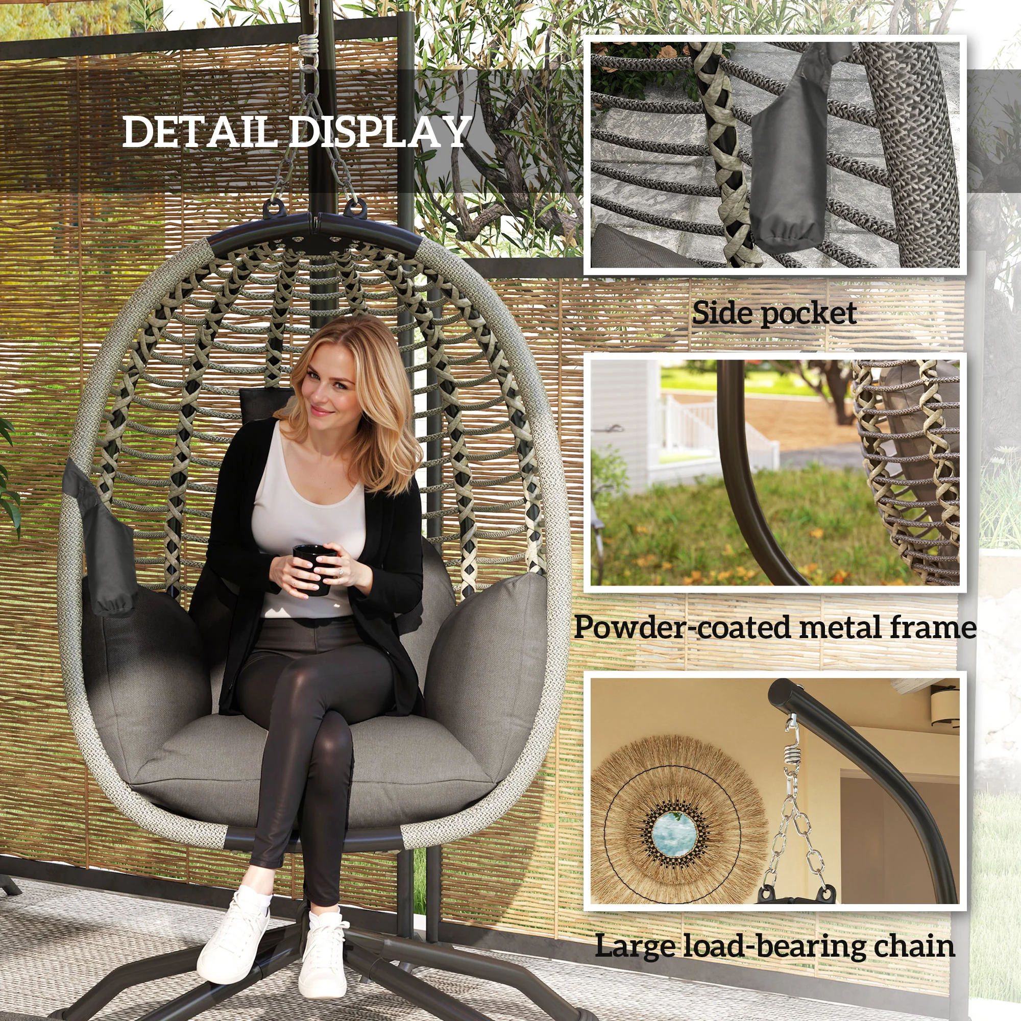 Outdoor Swing Chair with Thick Padded Cushion, Patio Hanging Egg Chair with Metal Stand, Foldable Basket, Cup Holder, Rope Structure for Indoor & Outdoor, Dark Grey - Image 9
