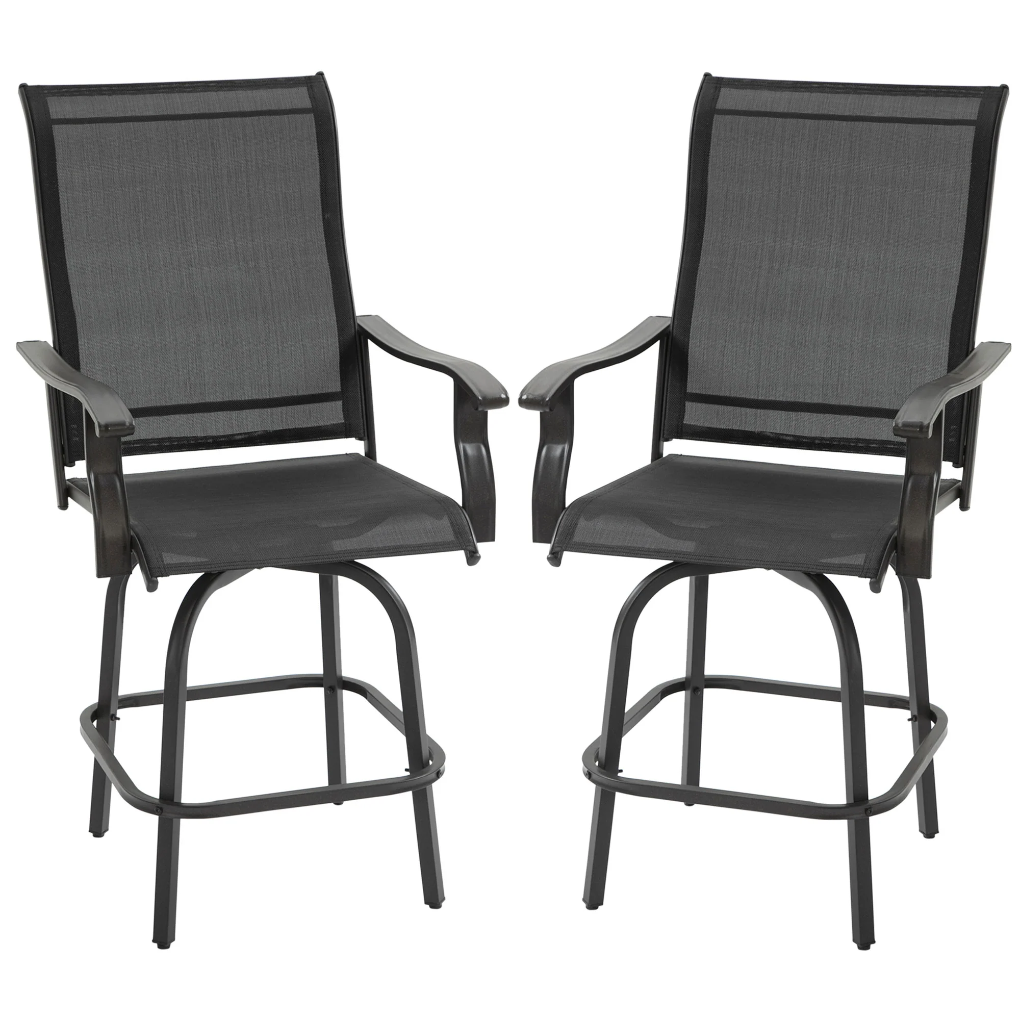 Outdoor Bar Stools Set of 2, Swivel Bar Height Chairs w/ High Back & Curved Armrests, Black - Image 12